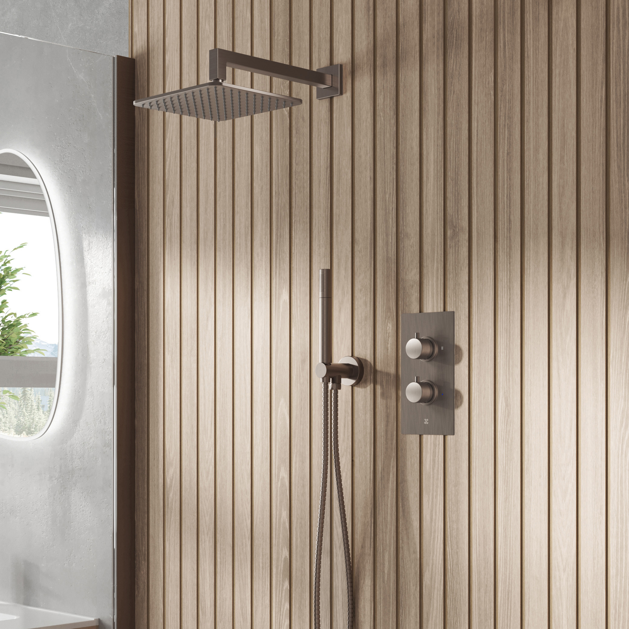 Core Shower Package with 2 Outlet Valve, Fixed Wall Mounted Square Shower Head & Shower Wall Kit