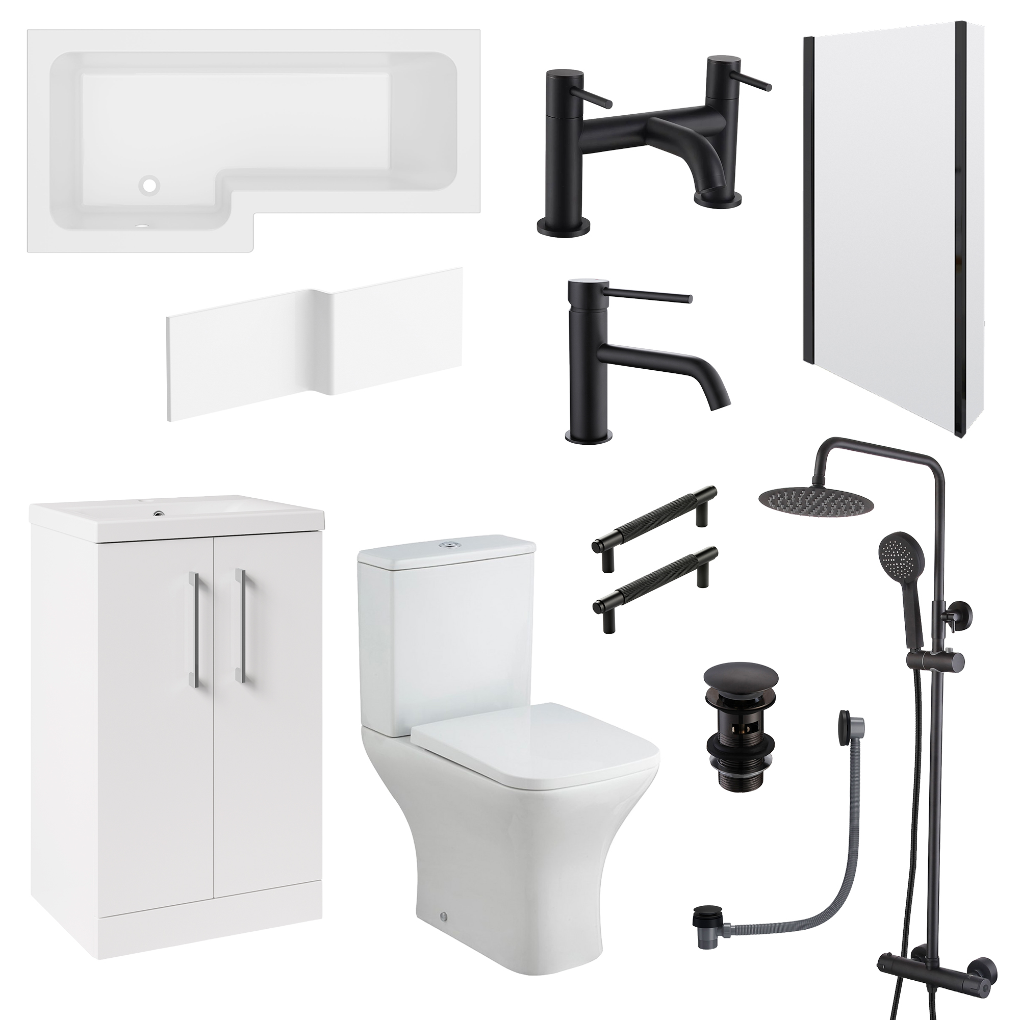 Erin Complete Modern Matt Black Bathroom Suite with 1700mm L Shaped Shower Bath & Rimless Toilet