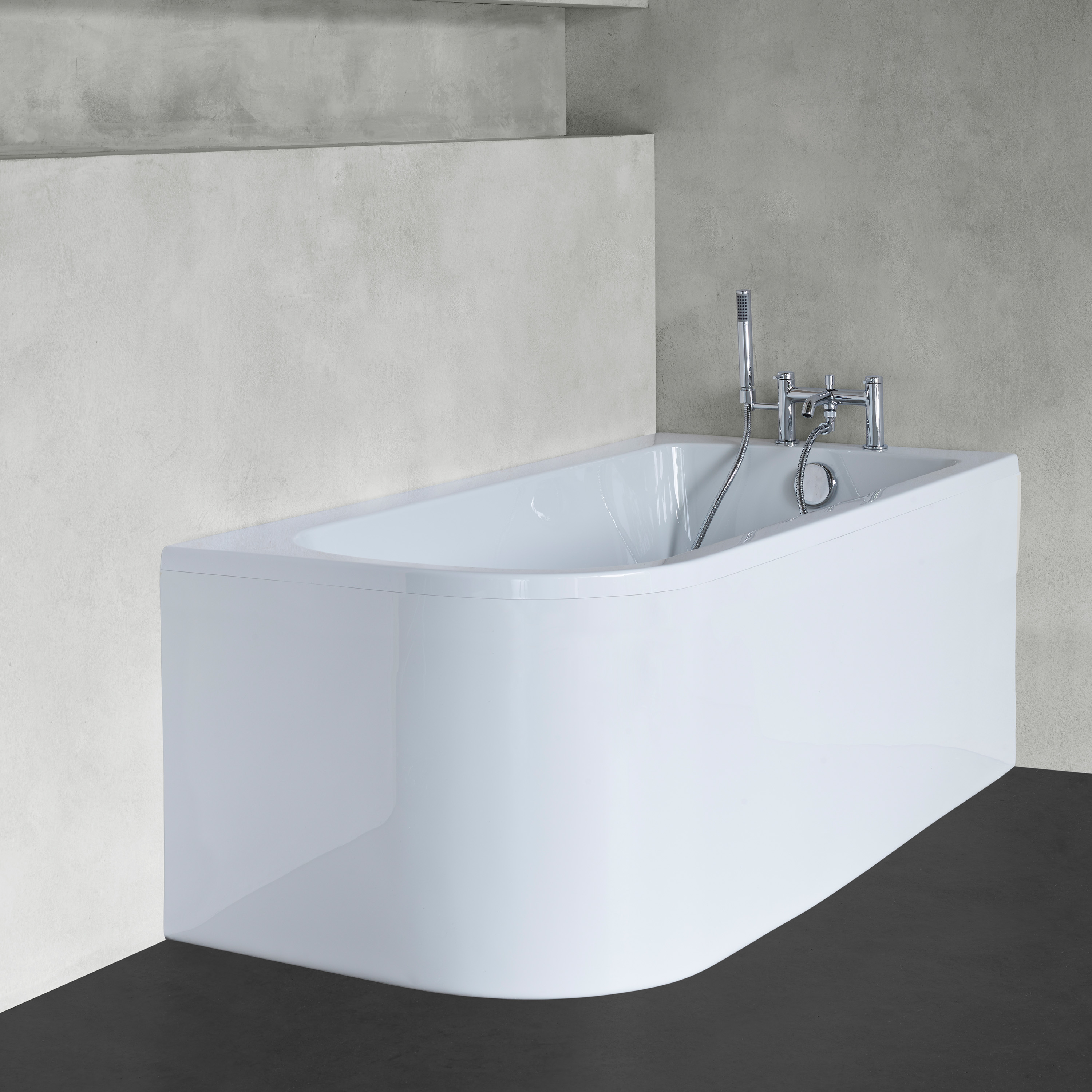 Britton Bathrooms Viride Single Ended Offset J-Shaped Bath, Panel & Cradle - 1700 x 750mm