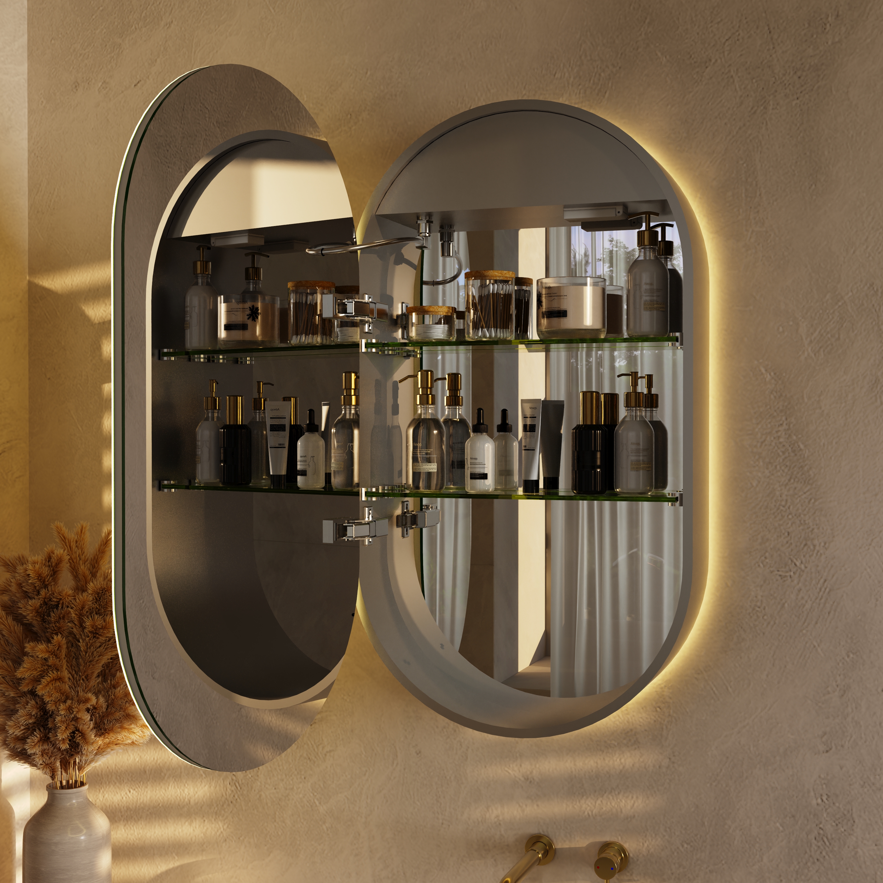 Billy LED Oval Mirrored Cabinet with Demister Pad, Shaver Socket & Colour Change Lights - 450 x 800mm
