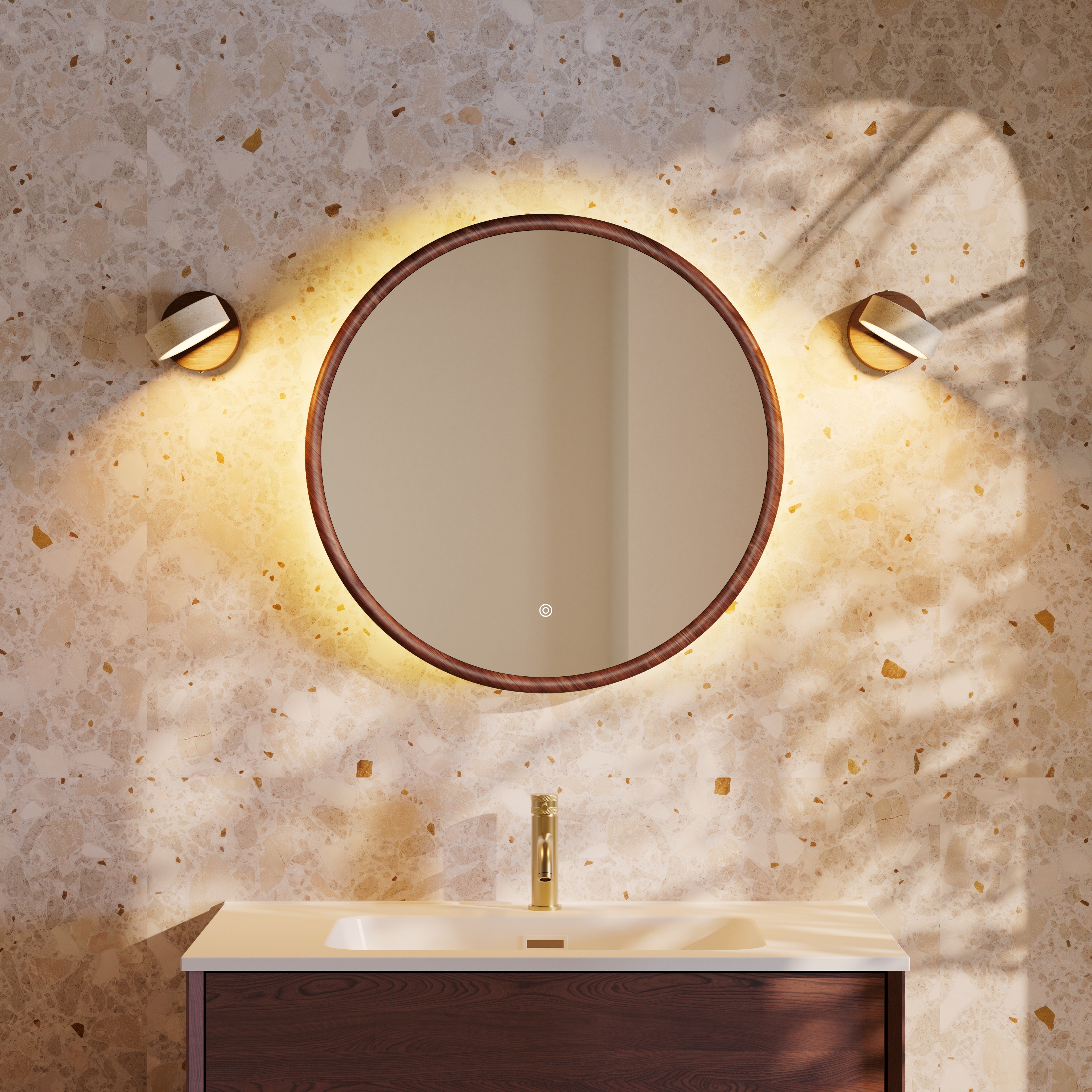 Alfie LED Illuminated Wood Framed Mirror with Set Of 2 Stone Spot Lights in Wood