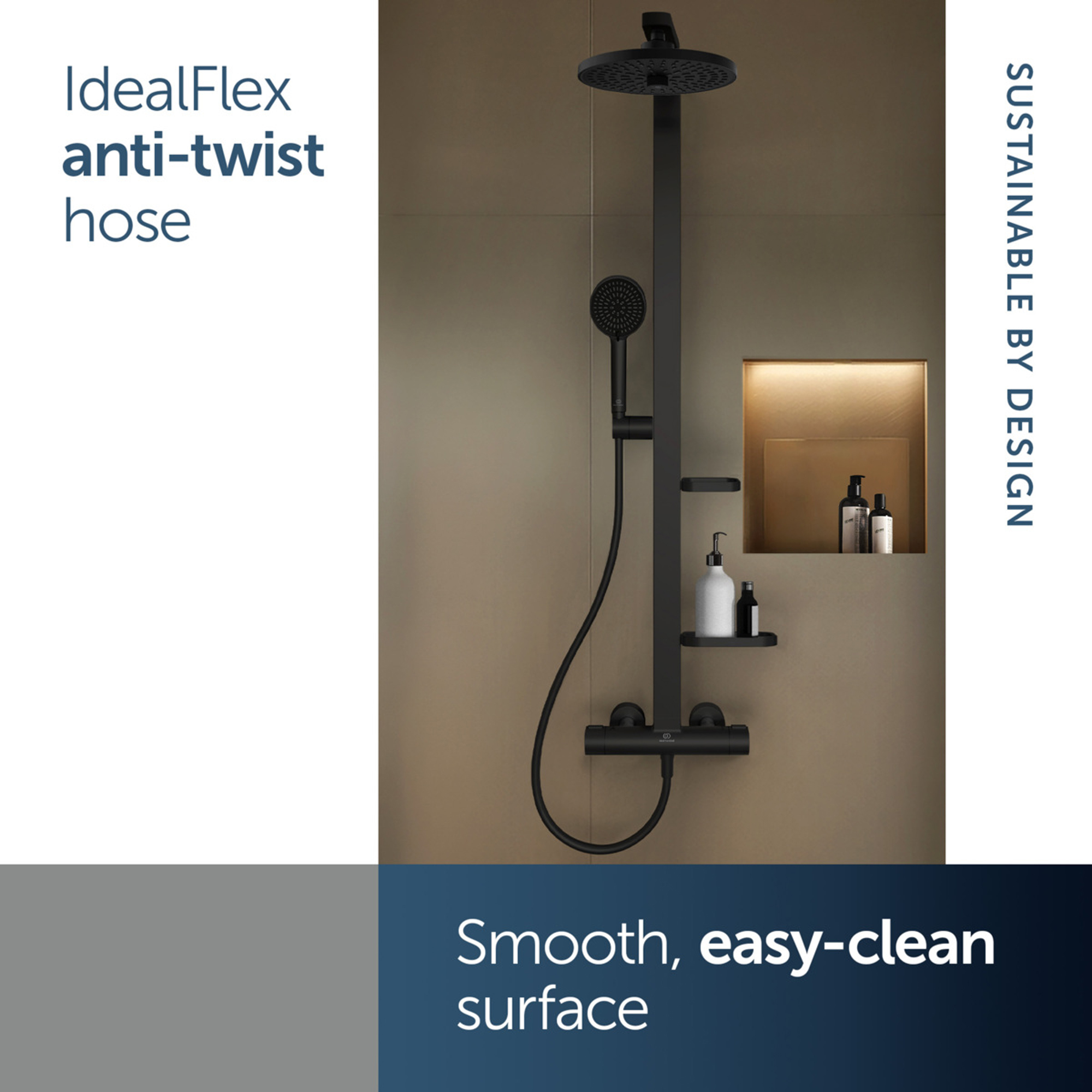 Ideal Standard Ceratherm Alu+ Exposed Thermostatic Shower Kit with Multi-Function Shower Head, Handset & 2 Shelves