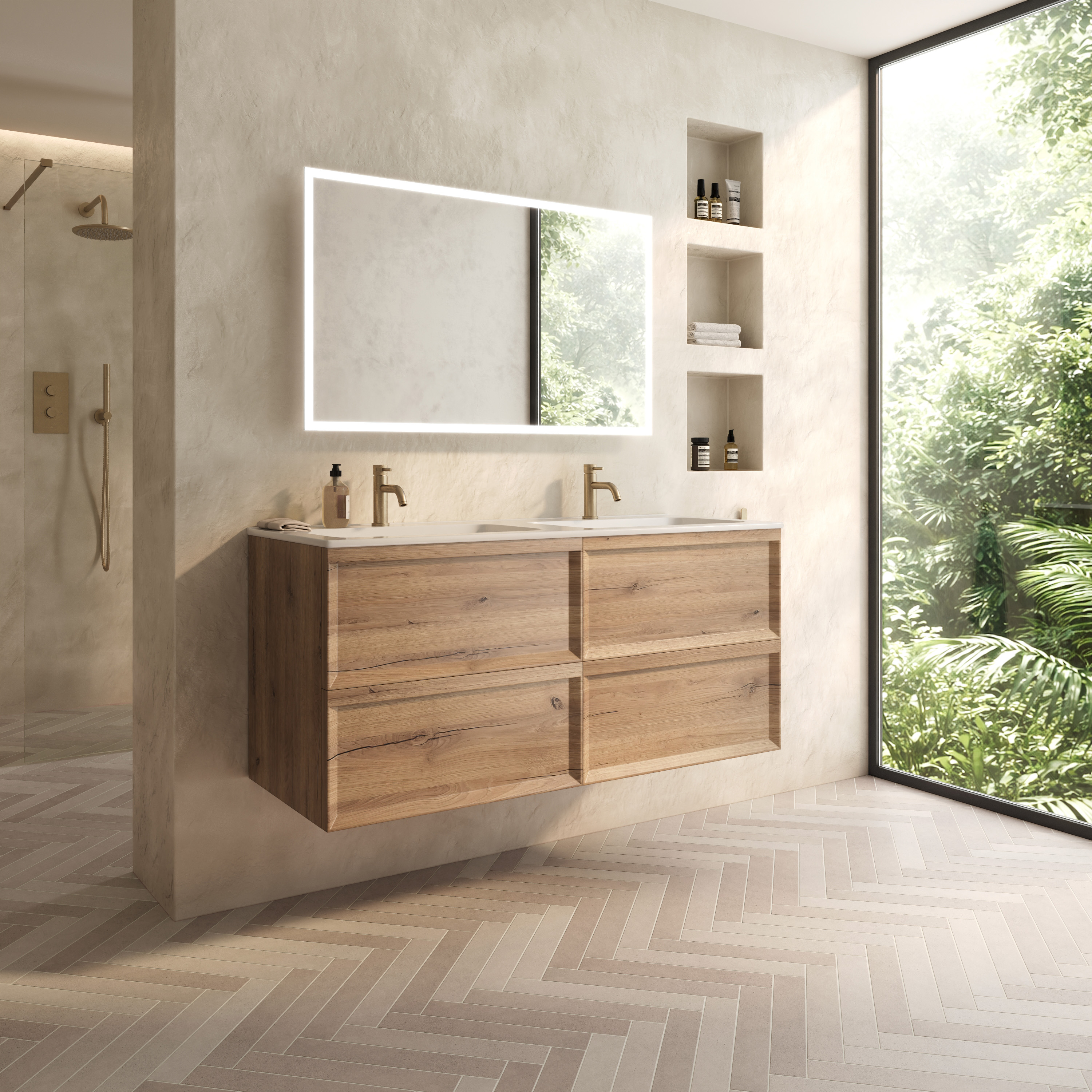 Aura 1200mm Wall Mounted Natural Oak Vanity Unit & Matt White Double Basin