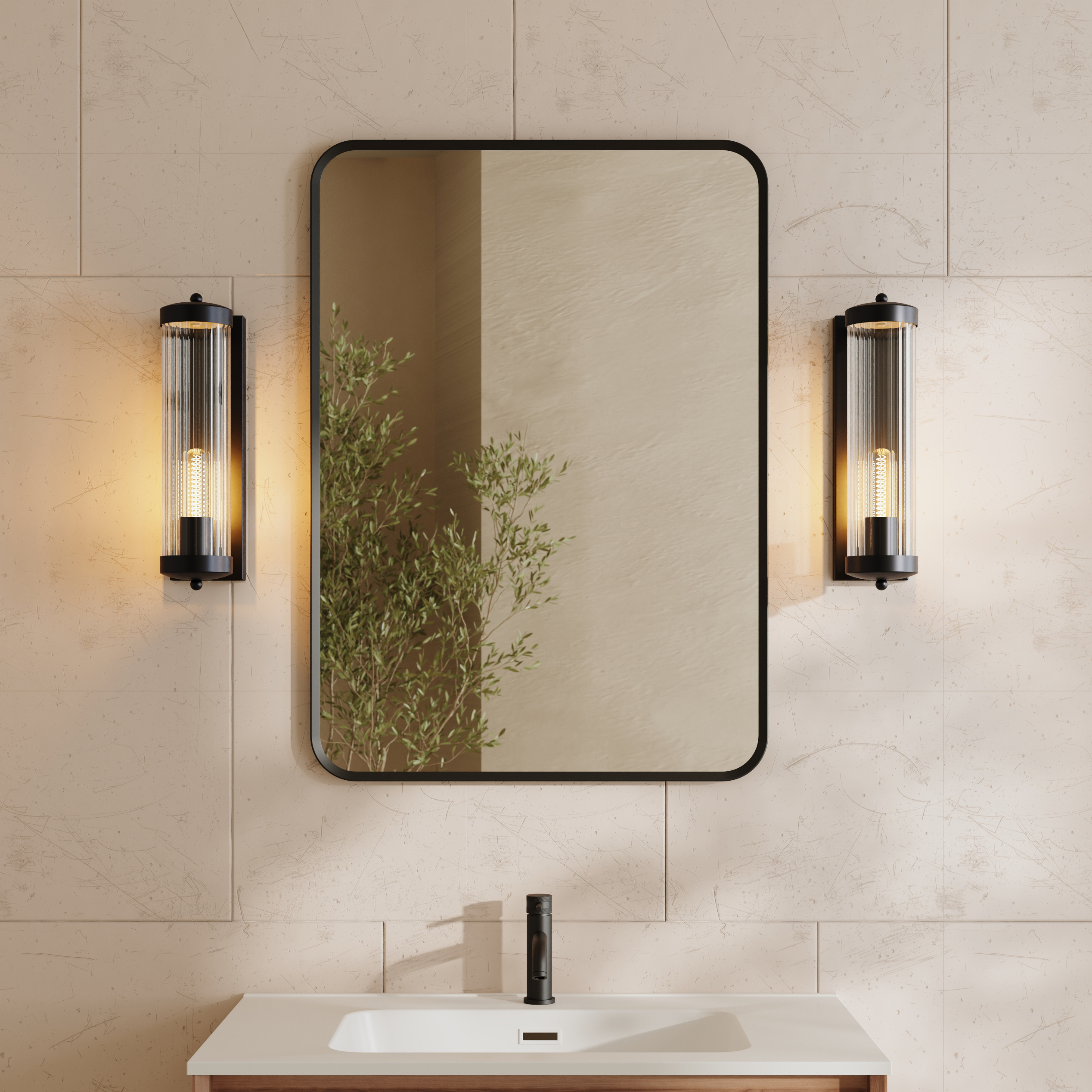 Finn Matt Black Framed Mirror with Set Of 2 Fluted Lantern Wall Lights
