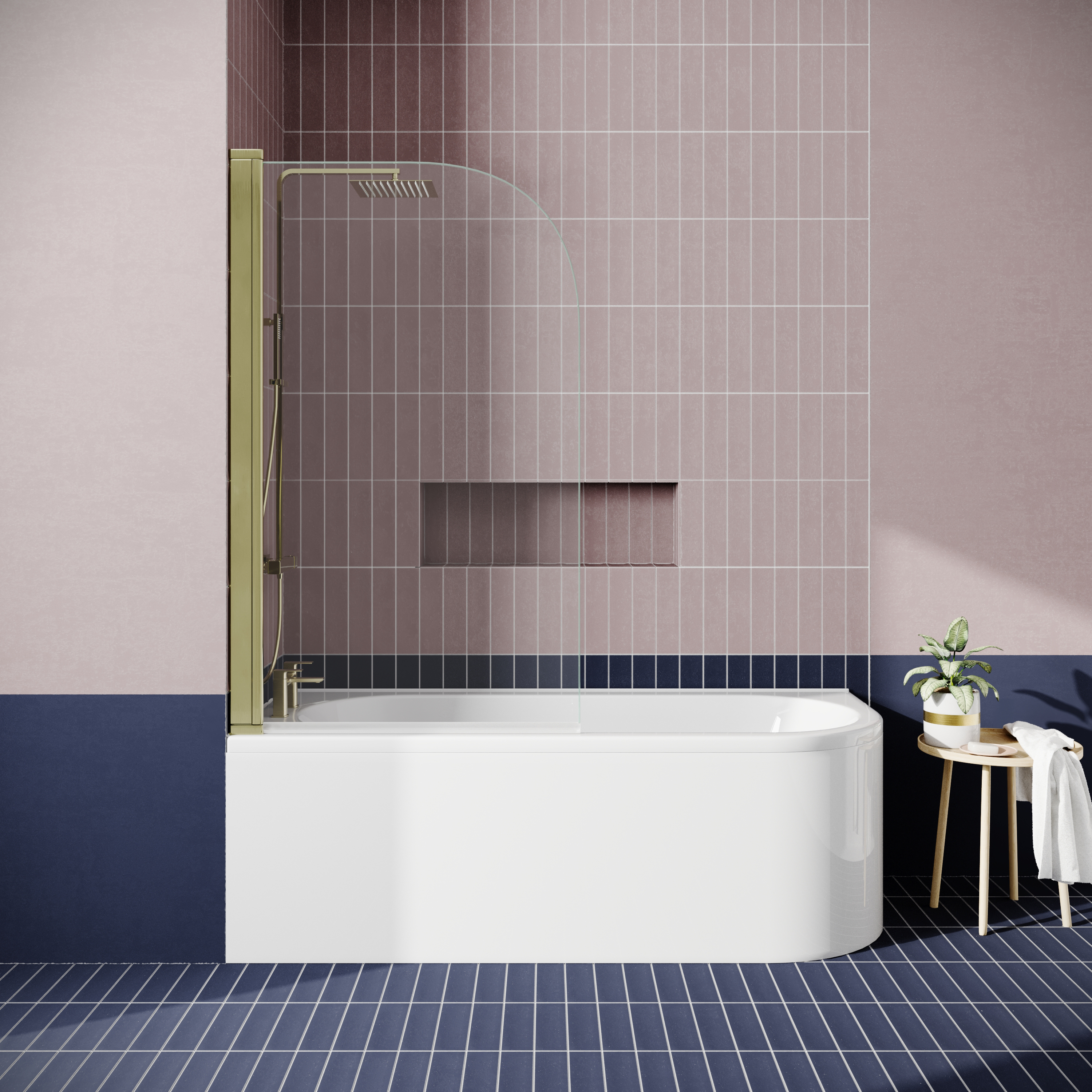 Drench J Shaped Shower Bath with Panel & Brushed Brass Shower Screen - 1700mm