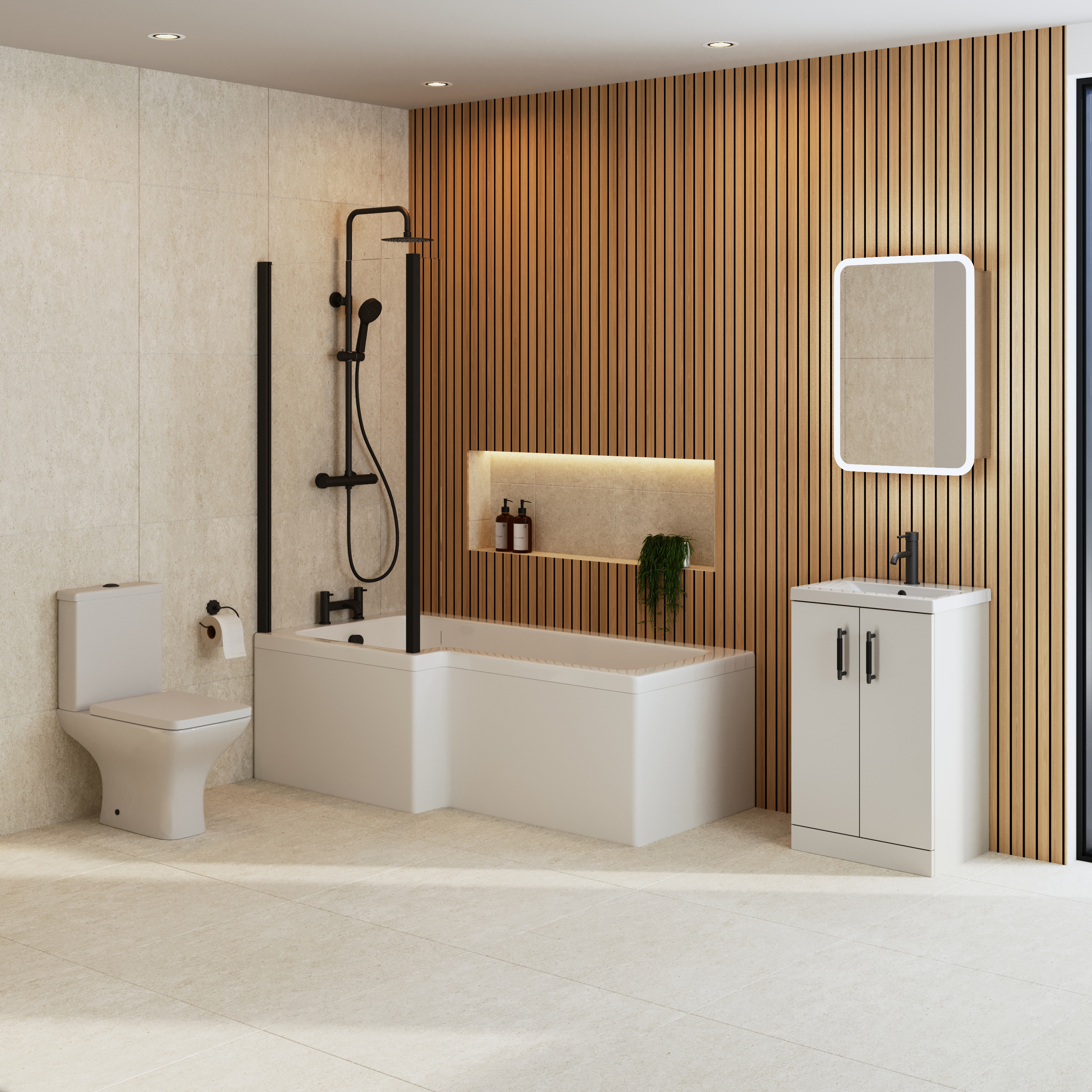 Erin Complete Modern Matt Black Bathroom Suite with 1700mm L Shaped Shower Bath & Rimless Toilet