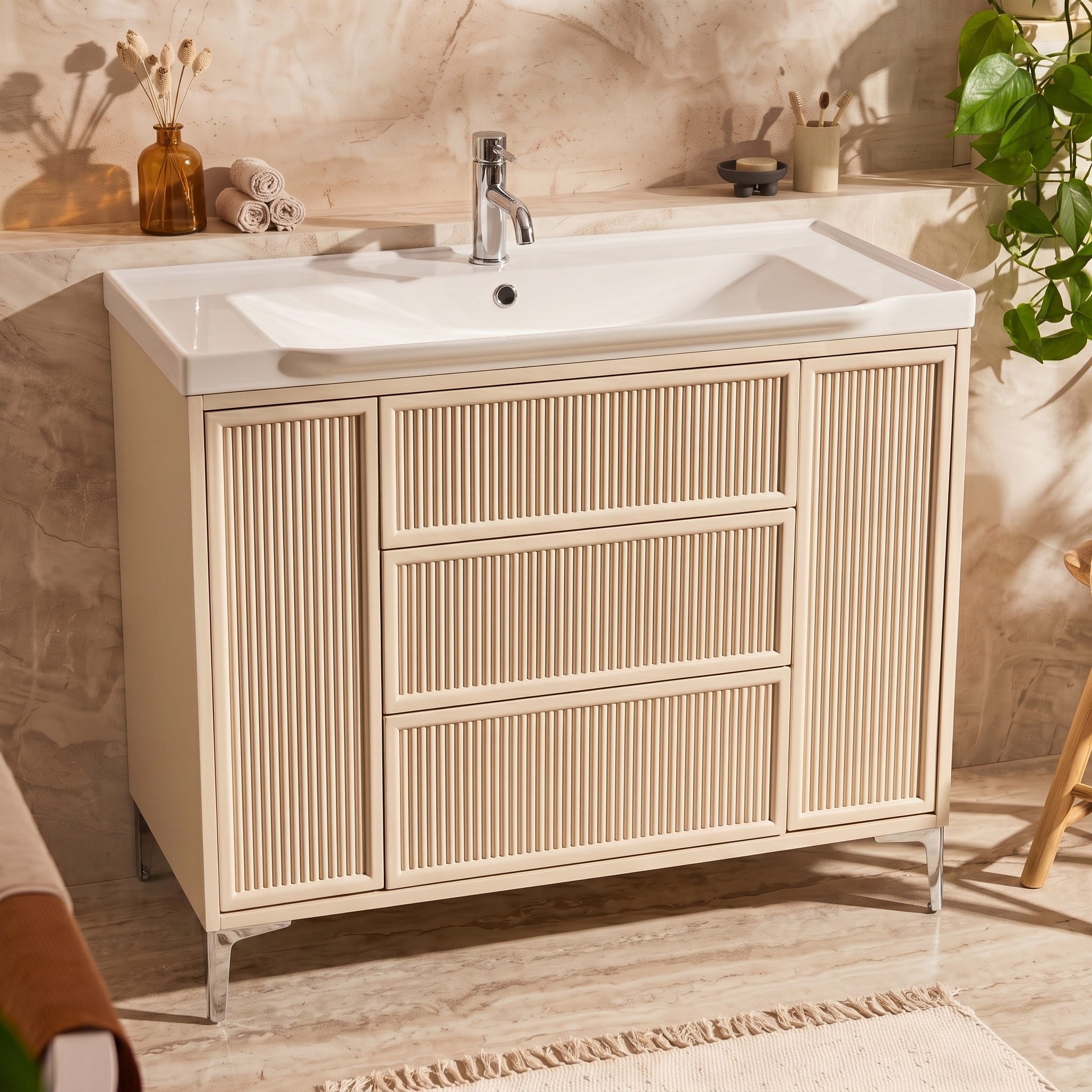 Elara 1000mm Floorstanding Stone Fluted Vanity Unit & Basin with Leg Set