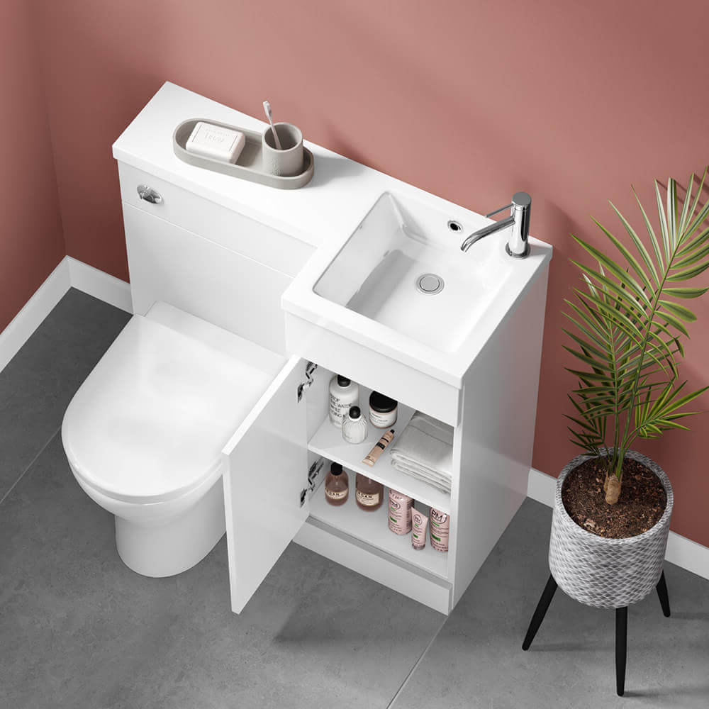 Harbour Icon 900mm Spacesaving Combination Bathroom Toilet & Sink Unit - White Gloss