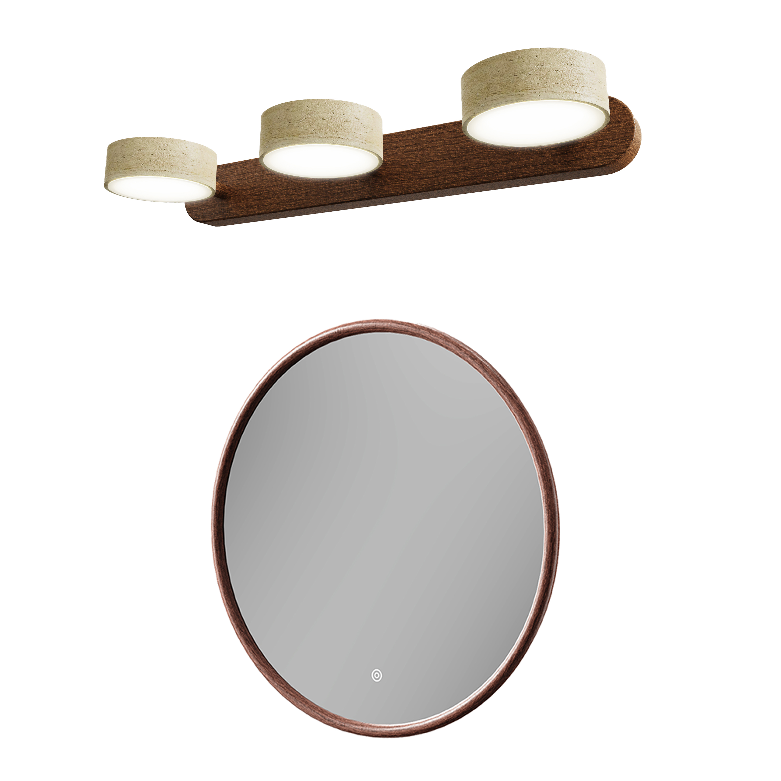 Alfie LED Illuminated Wood Framed Mirror with Trio Stone Wall Light in Dark Wood