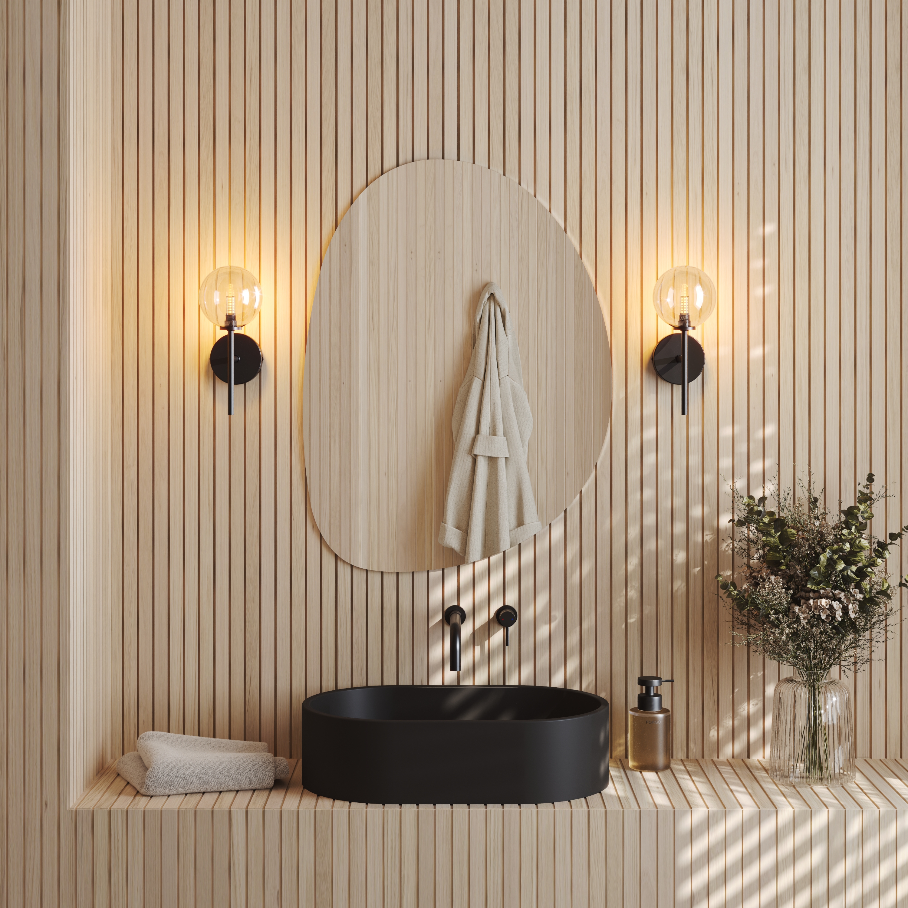 Organics Slim Mirror with Set Of 2 Glass Globe Wall Lights