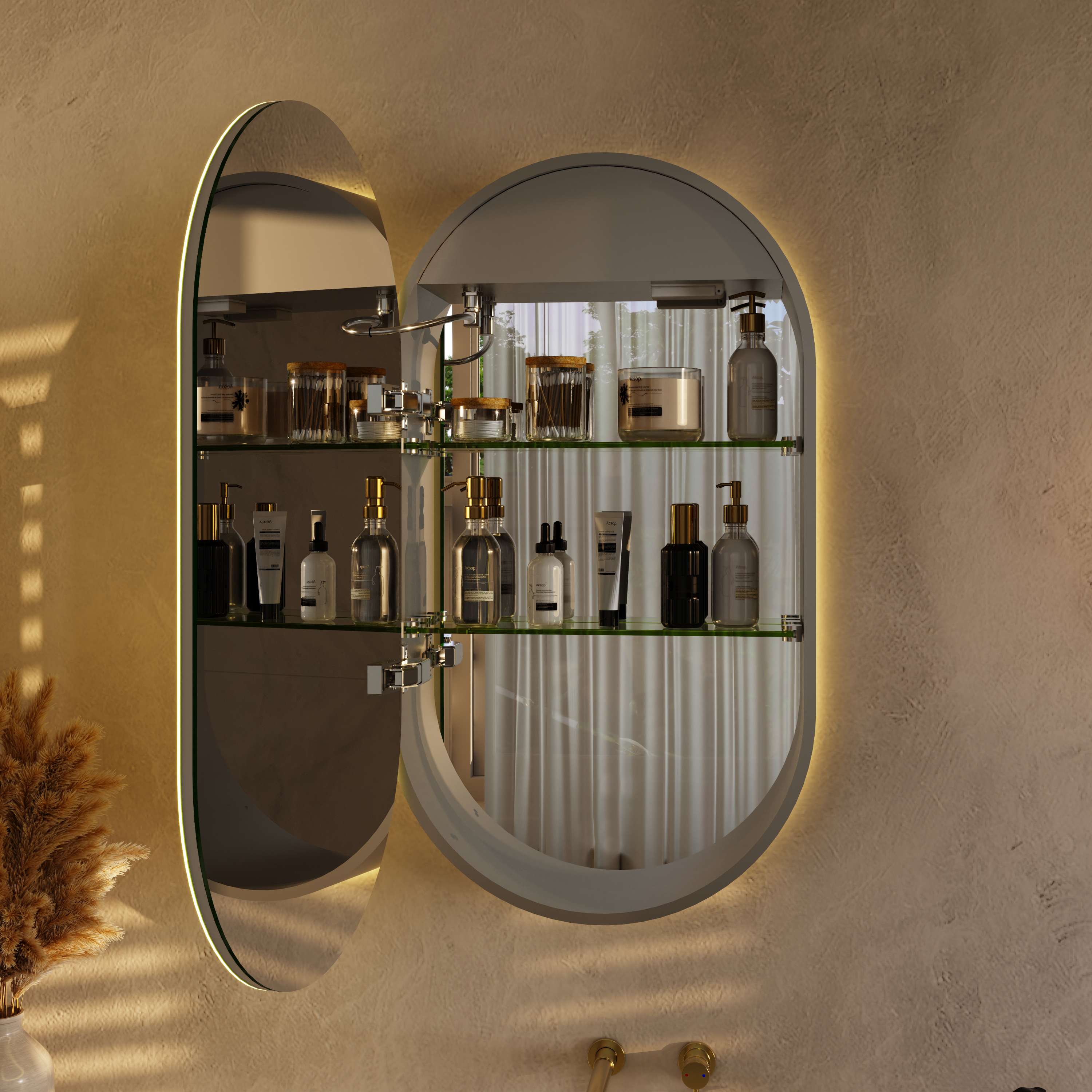 Billy LED Oval Mirrored Cabinet with Demister Pad, Shaver Socket & Colour Change Lights - 450 x 800mm
