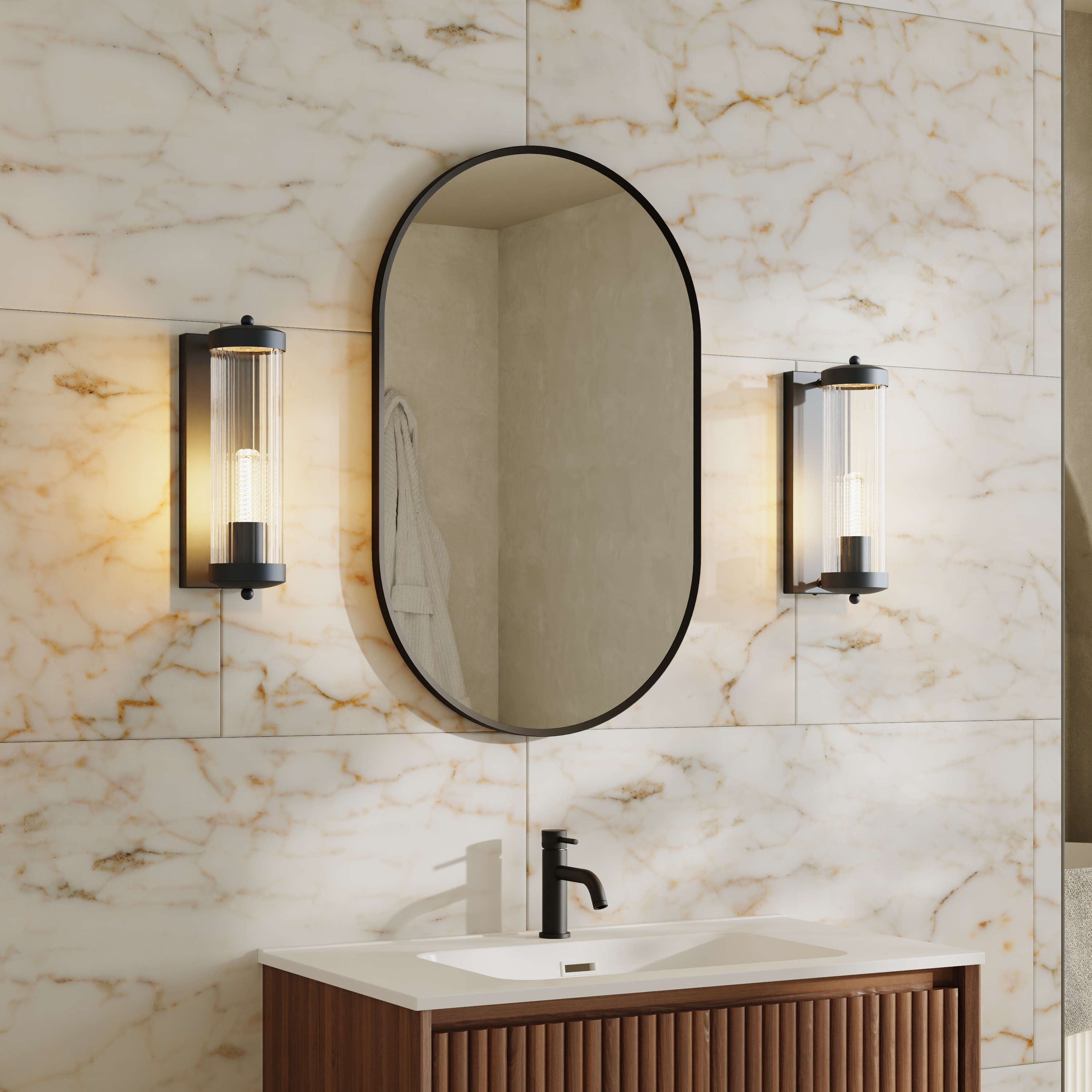 Billy Oval Framed Mirror with Set Of 2 Fluted Lantern Wall Lights in Matt Black
