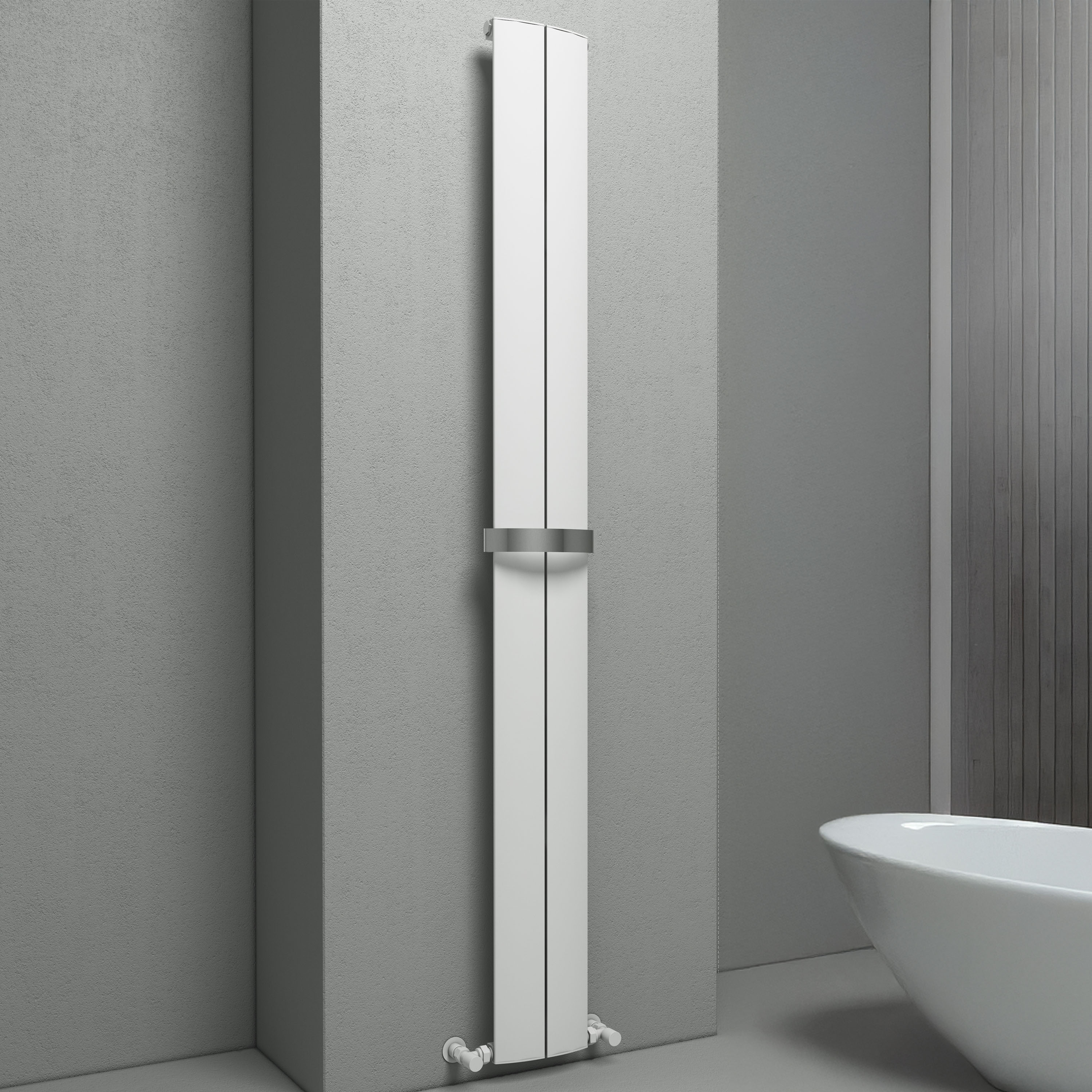 Carisa Play Bath Curved Panel Vertical Aluminium Heated Towel Rail