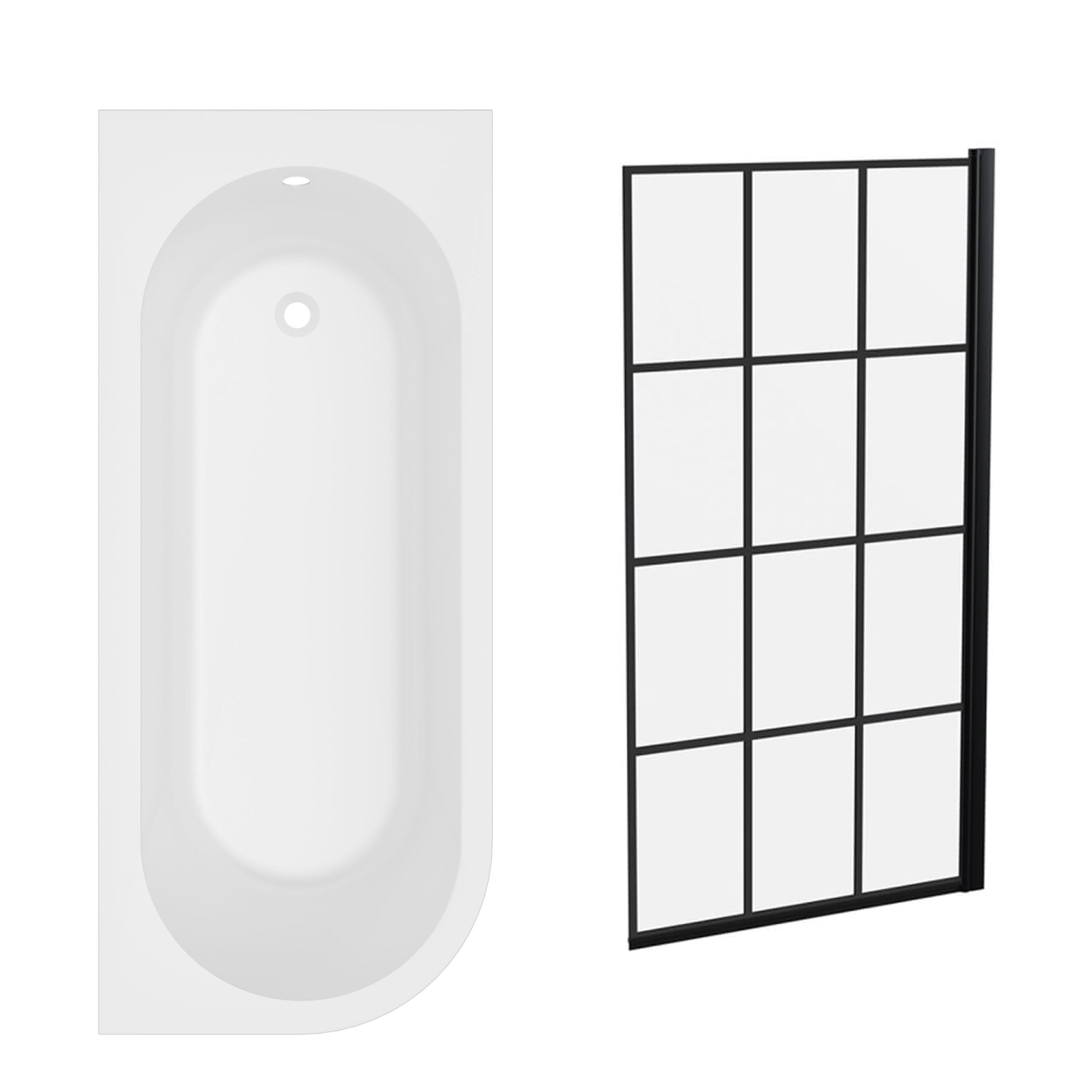 Armourcast Reinforced J Shaped Shower Bath with Panel & Matt Black Shower Screen - 1700mm
