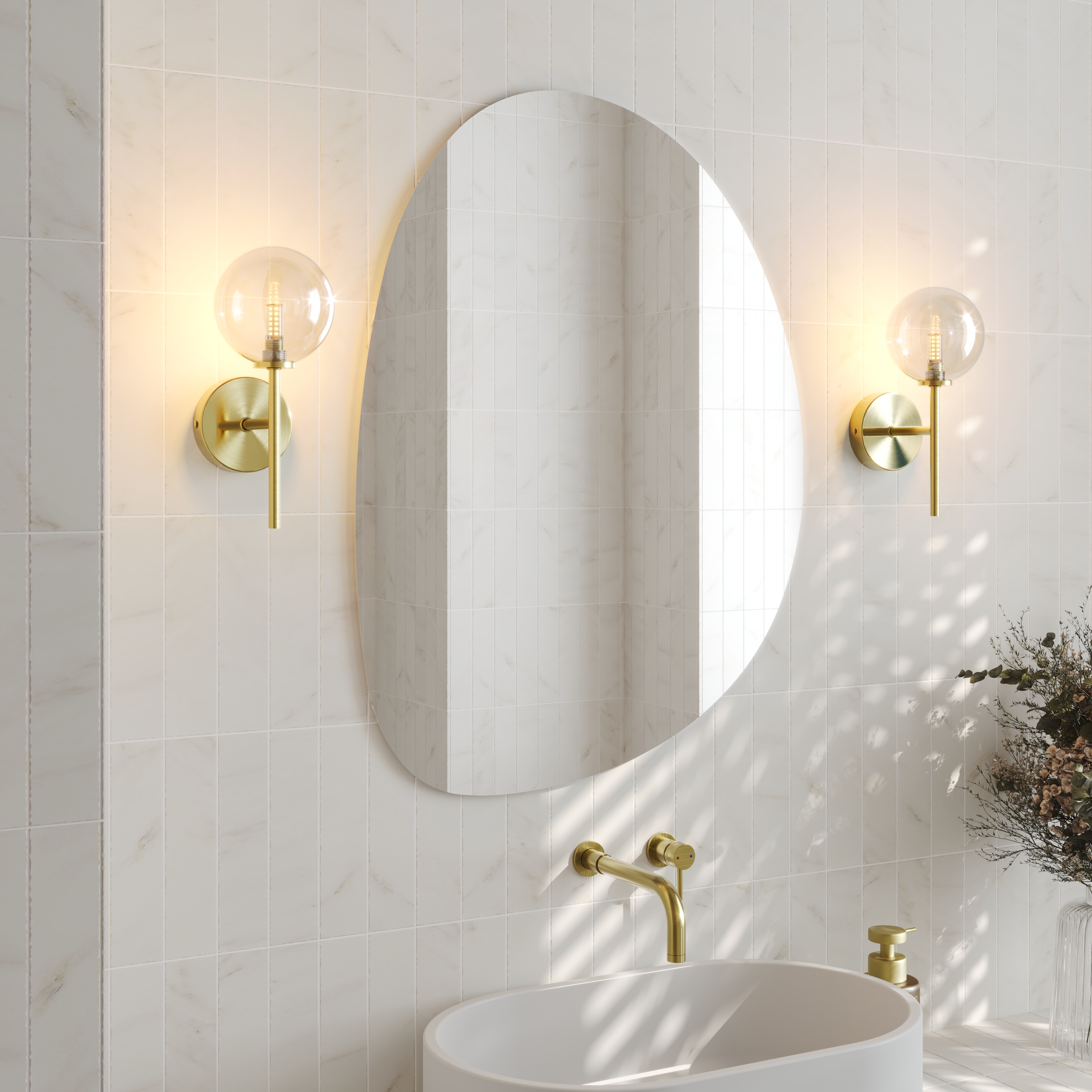 Organics Slim Mirror with Set Of 2 Glass Globe Wall Lights
