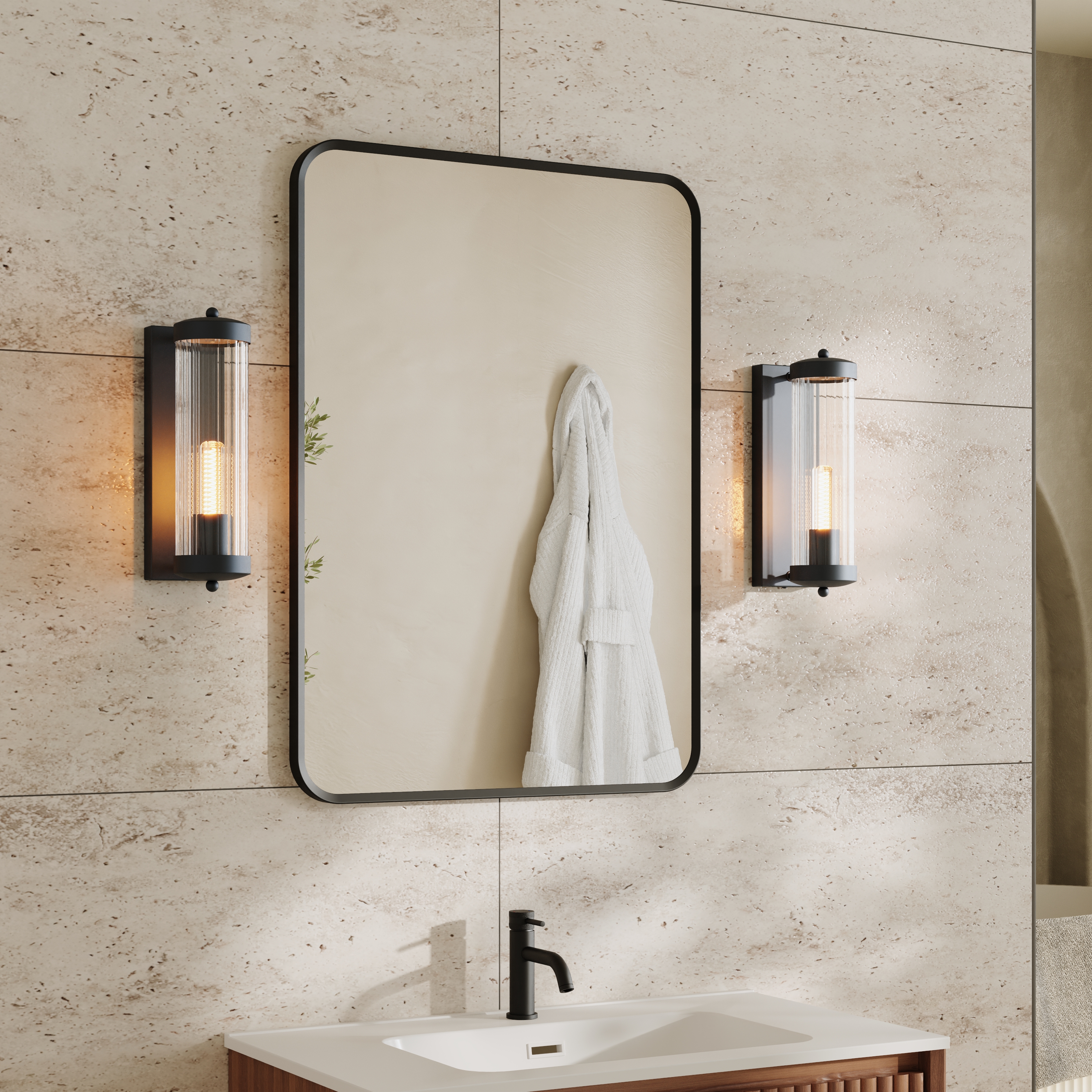 Finn Matt Black Framed Mirror with Set Of 2 Fluted Lantern Wall Lights