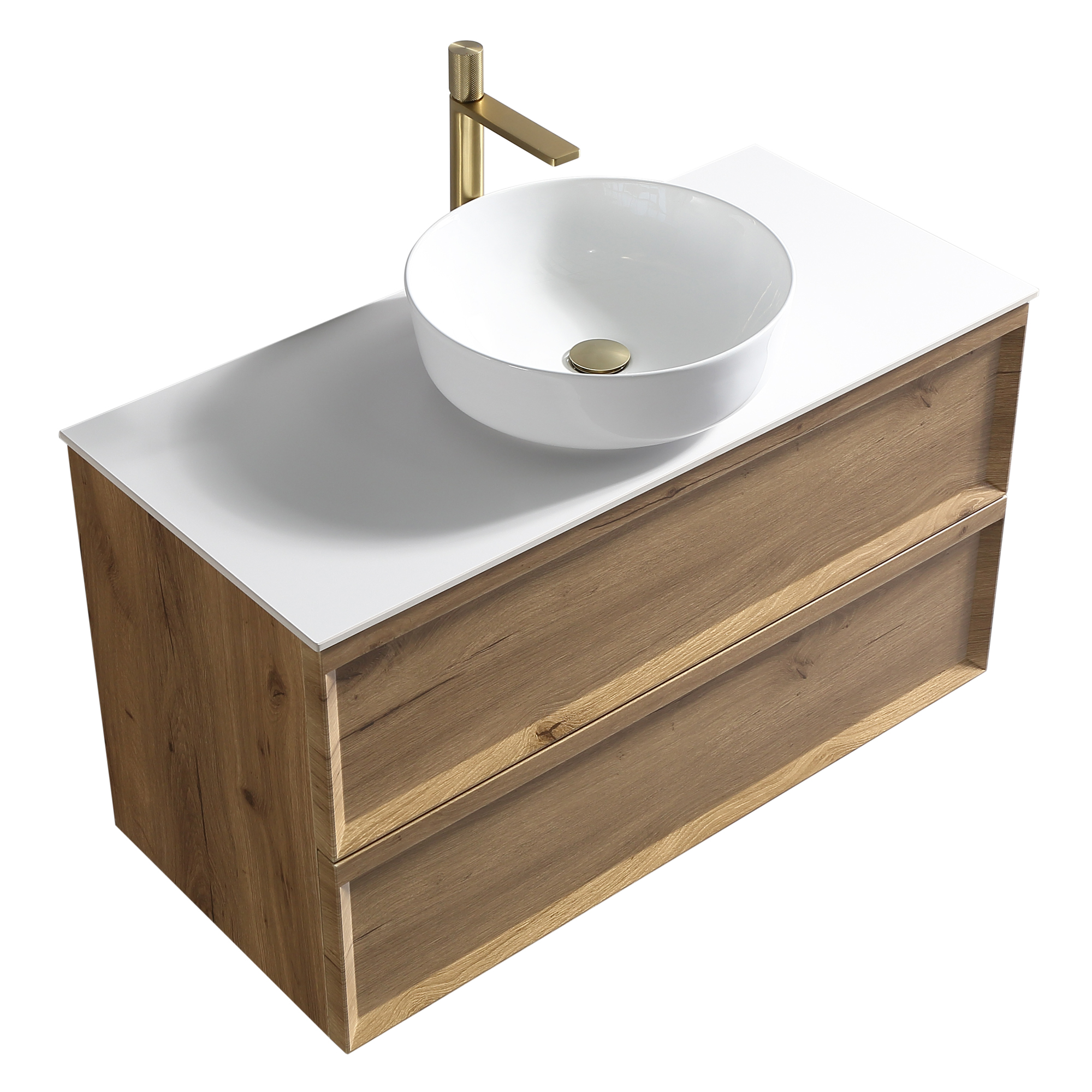 Aura 1000mm Wall Mounted Natural Oak Vanity Unit & Sintered Stone Countertop