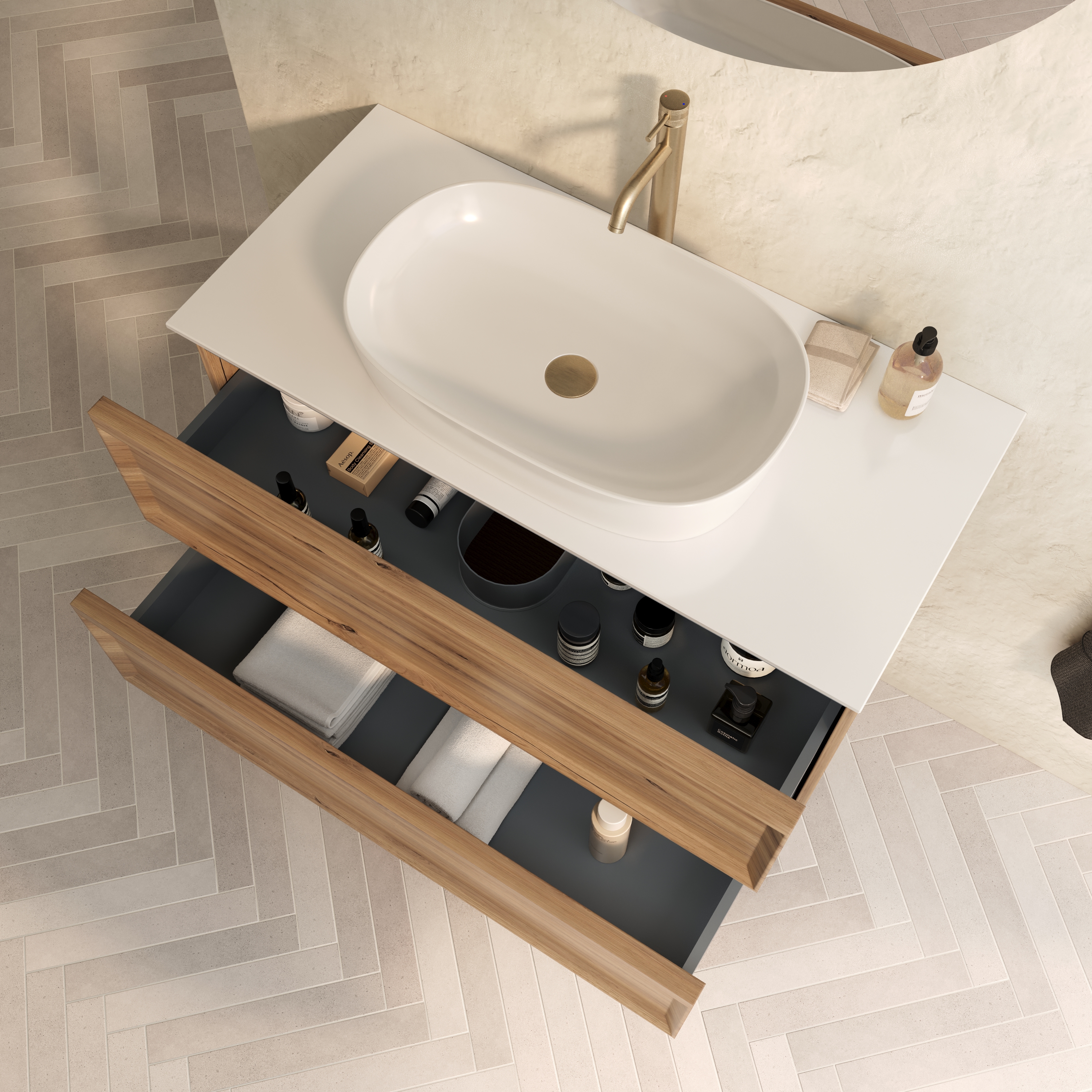Aura 1000mm Wall Mounted Natural Oak Vanity Unit & Sintered Stone Countertop