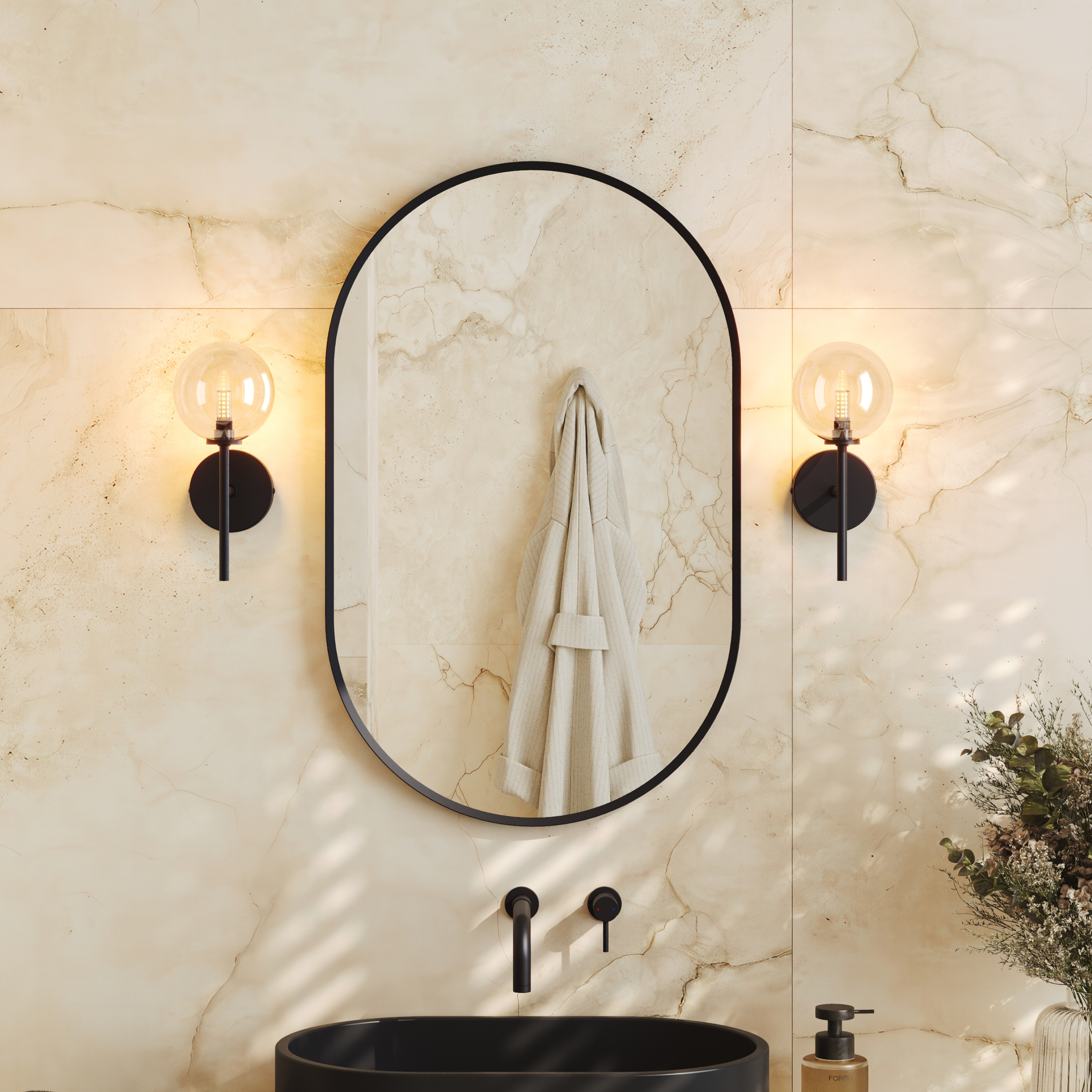 Billy Oval Framed Mirror with Set Of 2 Glass Globe Wall Lights in Matt Black