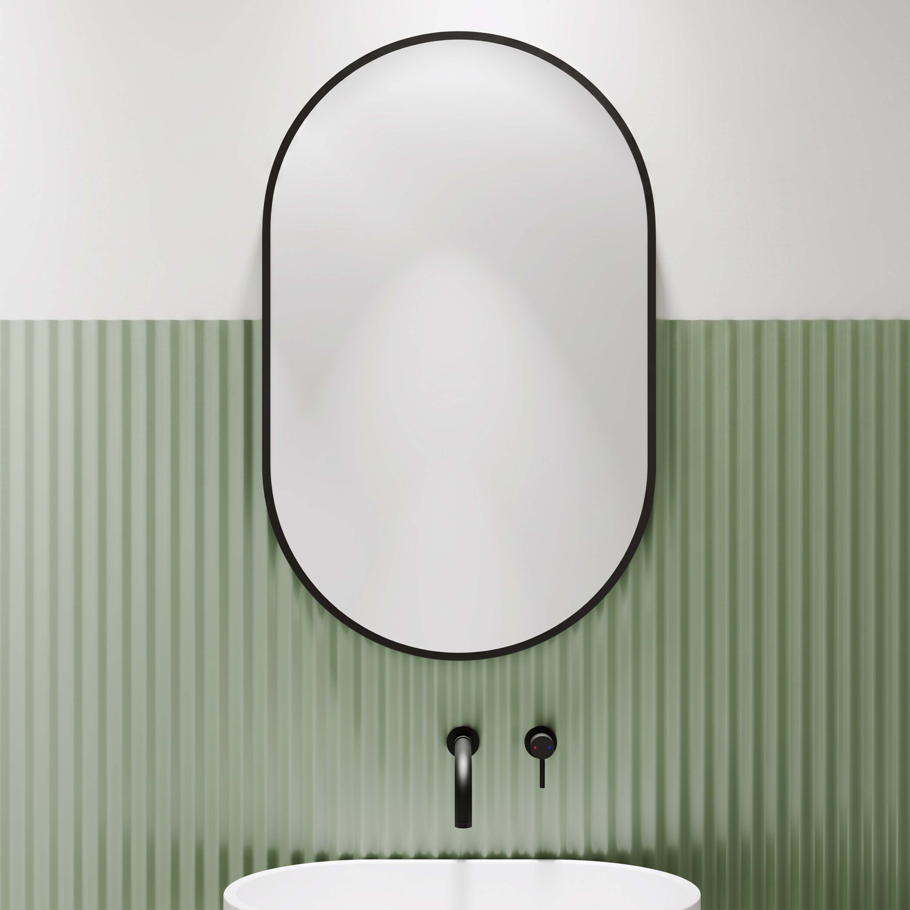 Billy Oval Framed Mirror with Set Of 2 Fluted Lantern Wall Lights in Matt Black