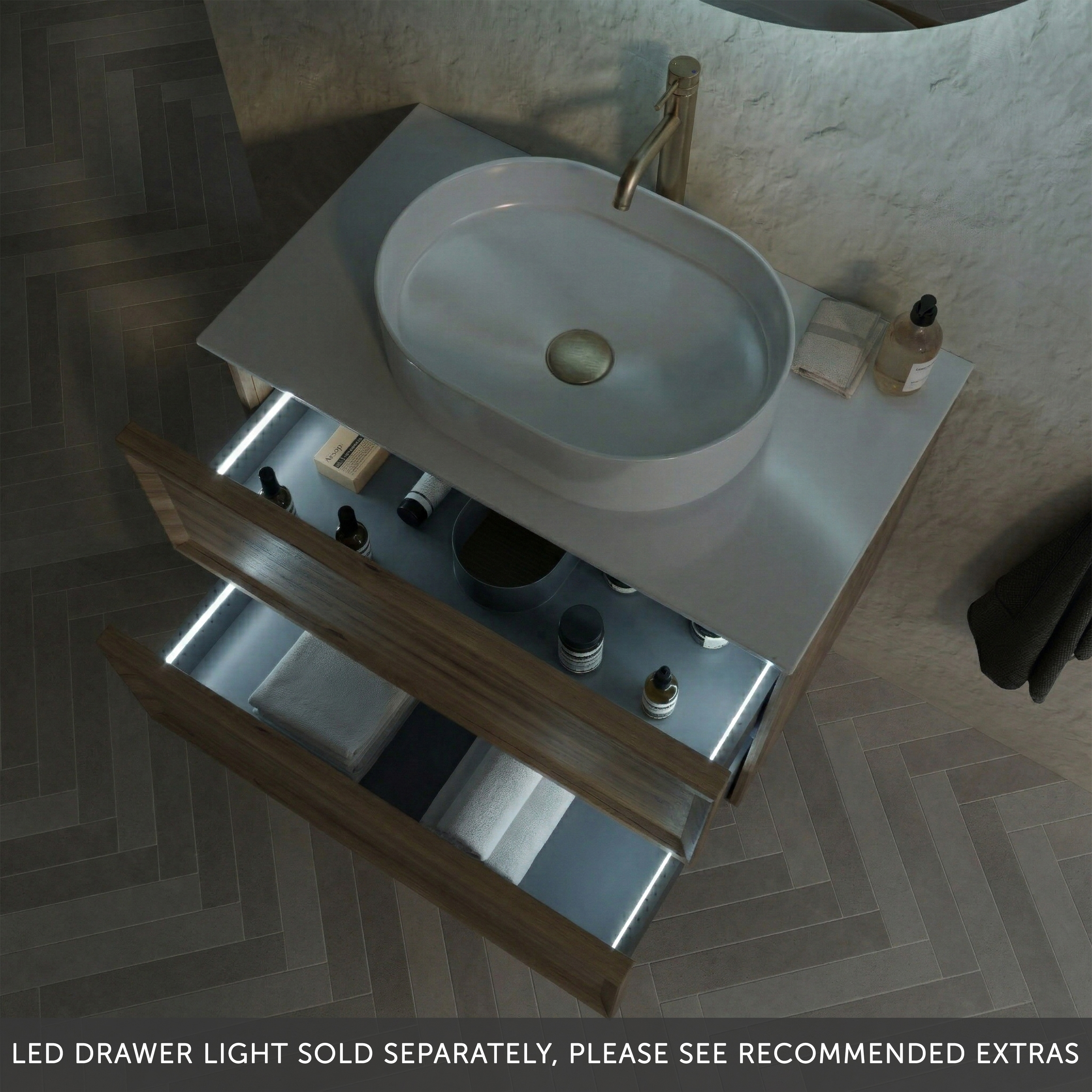 Aura 800mm Wall Mounted Natural Oak Vanity Unit & Sintered Stone Countertop