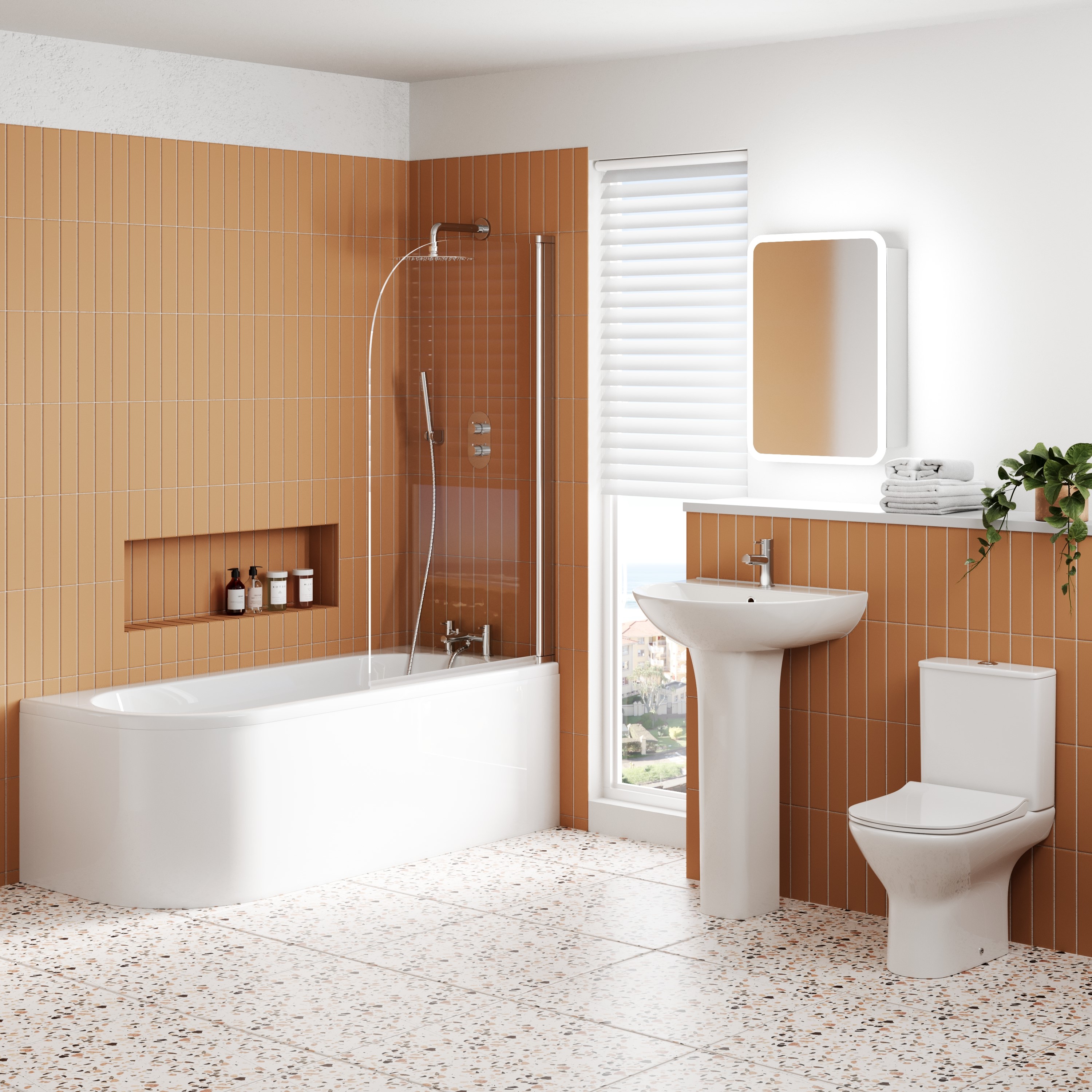 Harbour Acclaim 1700mm J Shaped Shower Bath Suite with Rimless Toilet