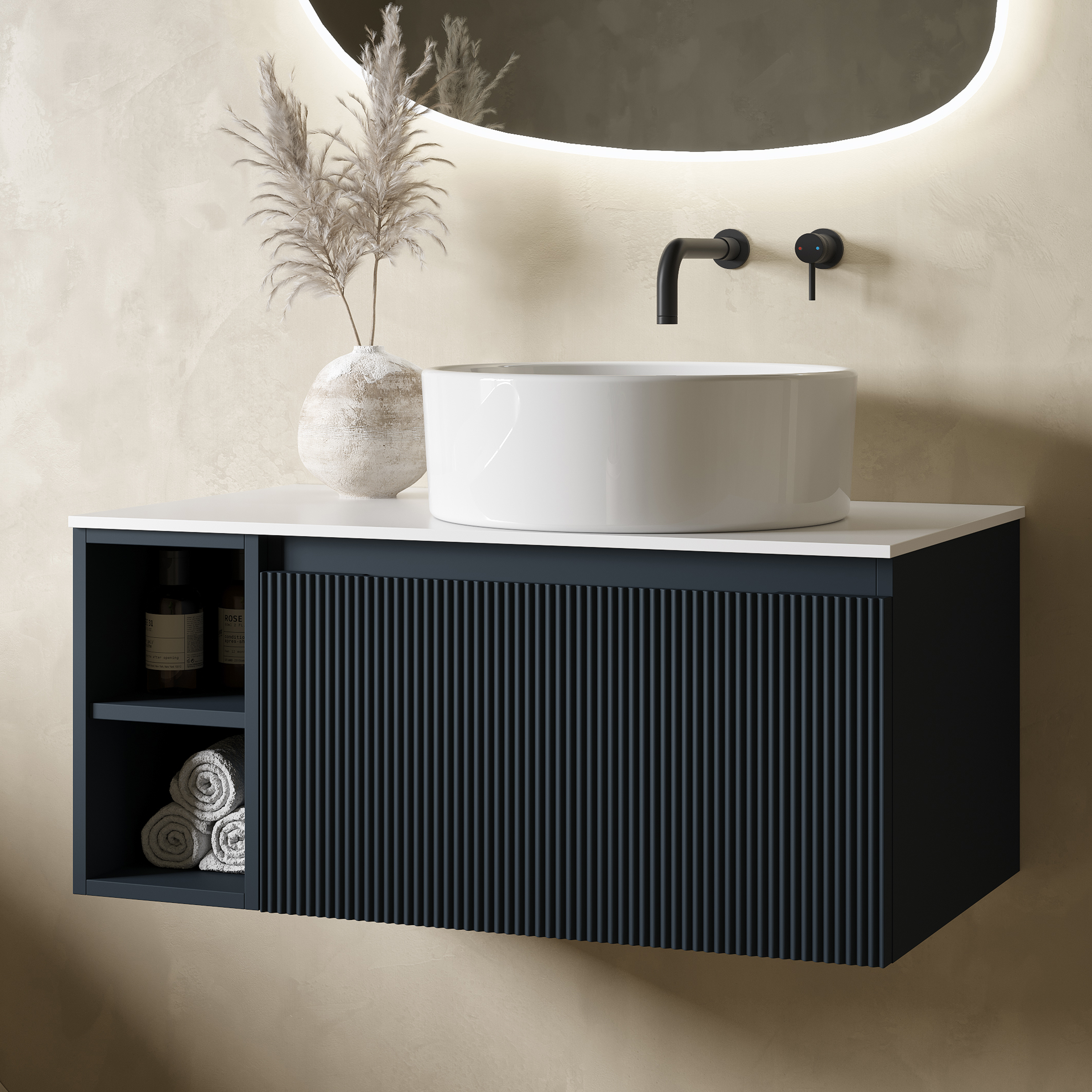 Drench Groove 800mm Fluted Wall Hung Vanity Unit with Open Shelves & Sintered Stone Countertop