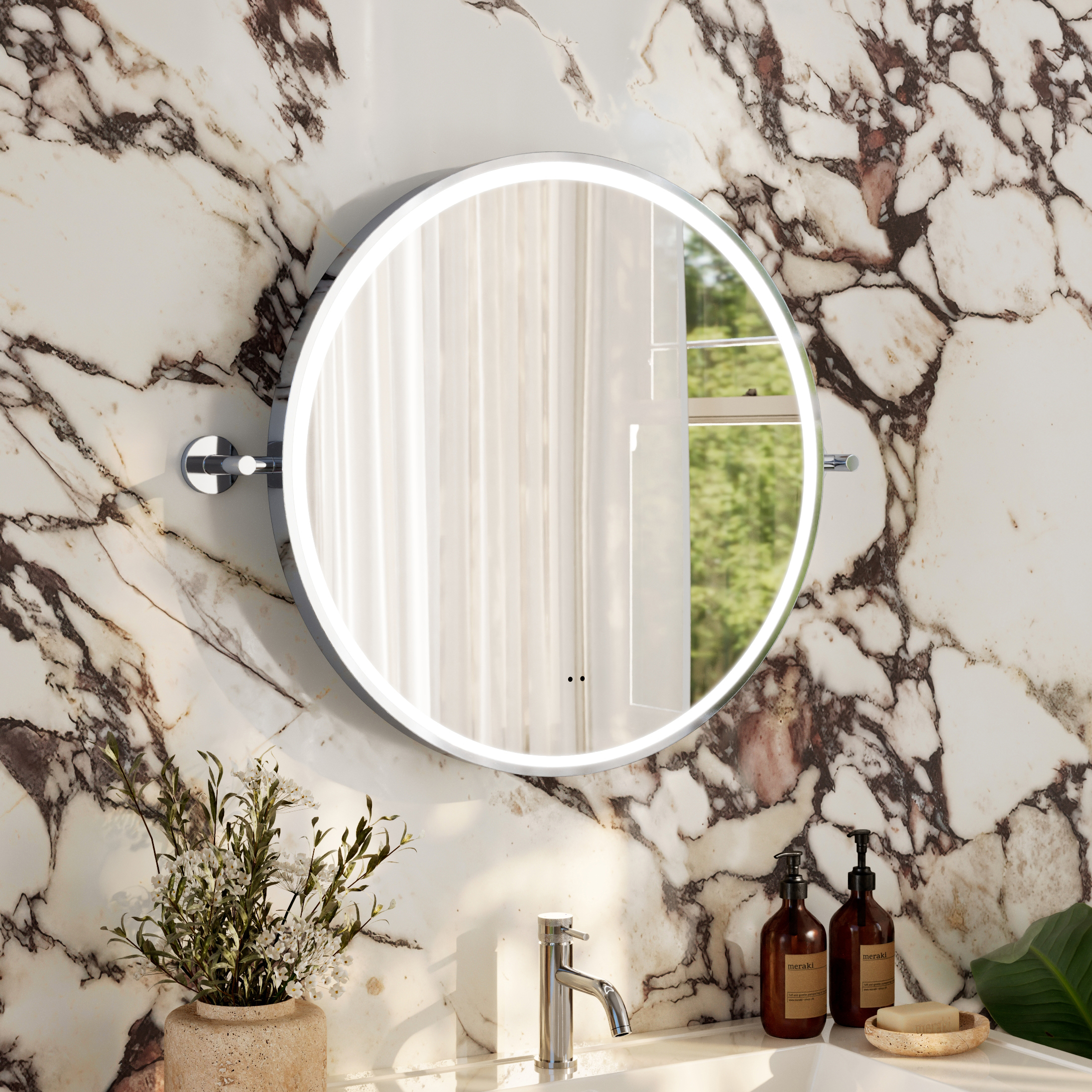 Ester LED Illuminated Framed Round Pivot Mirror with Demister Pad - 600mm