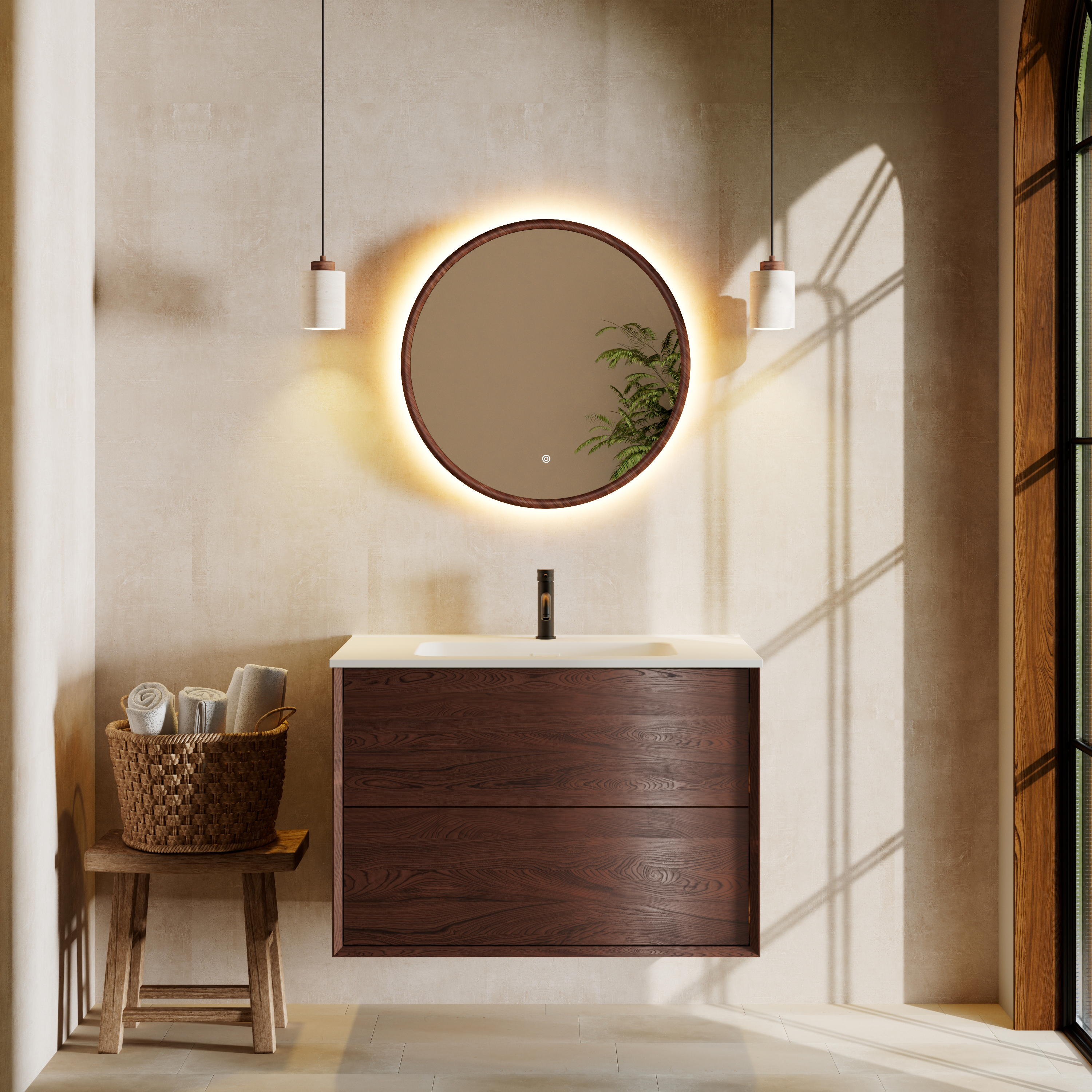 Drench Alfie LED Illuminated Wood Effect Framed Mirror with Demister Pad & Colour Change Lights - 600mm