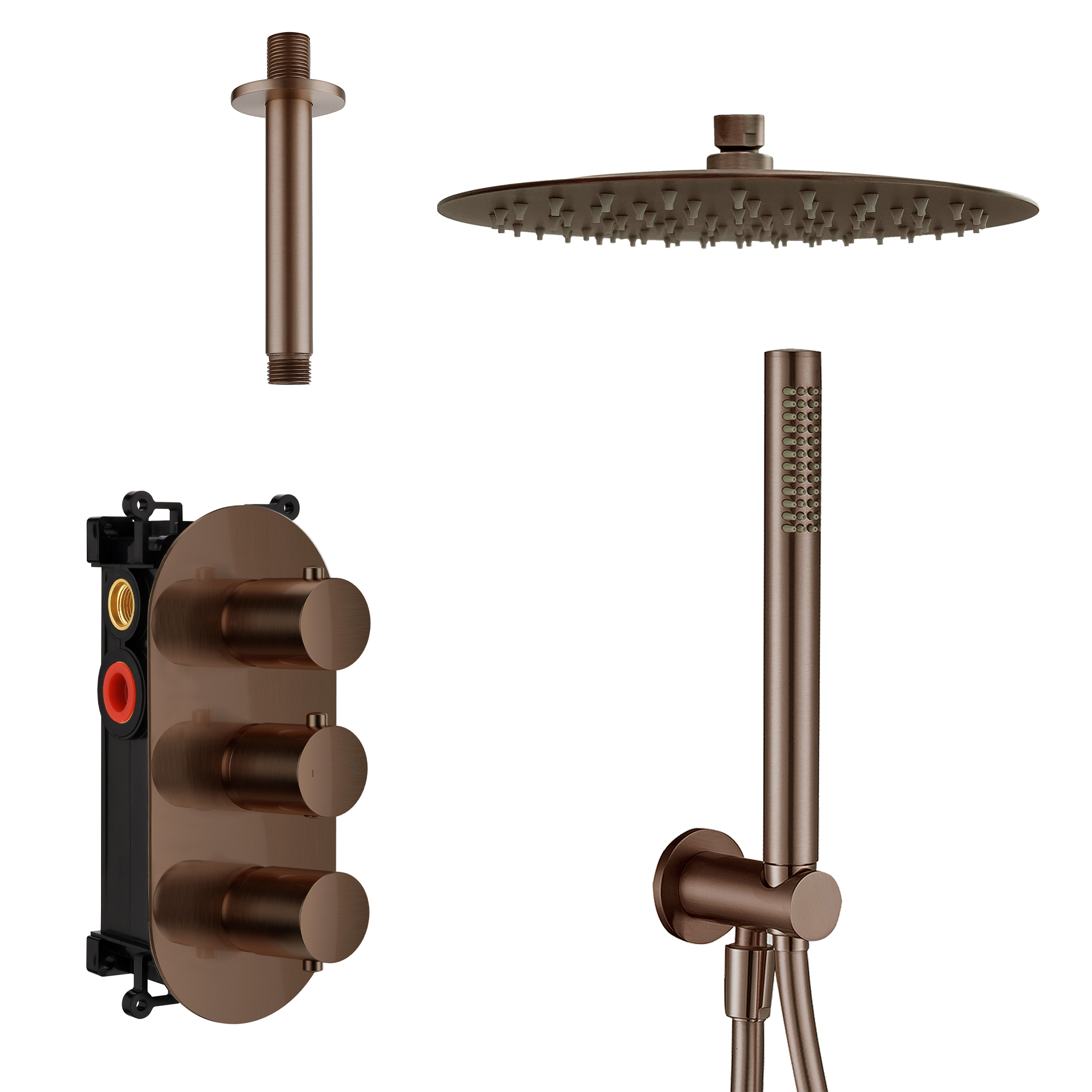 Harbour Clarity Brushed Bronze Shower Package with 2 Outlet Valve, Fixed Head & Ceiling Arm and Wall Shower Kit