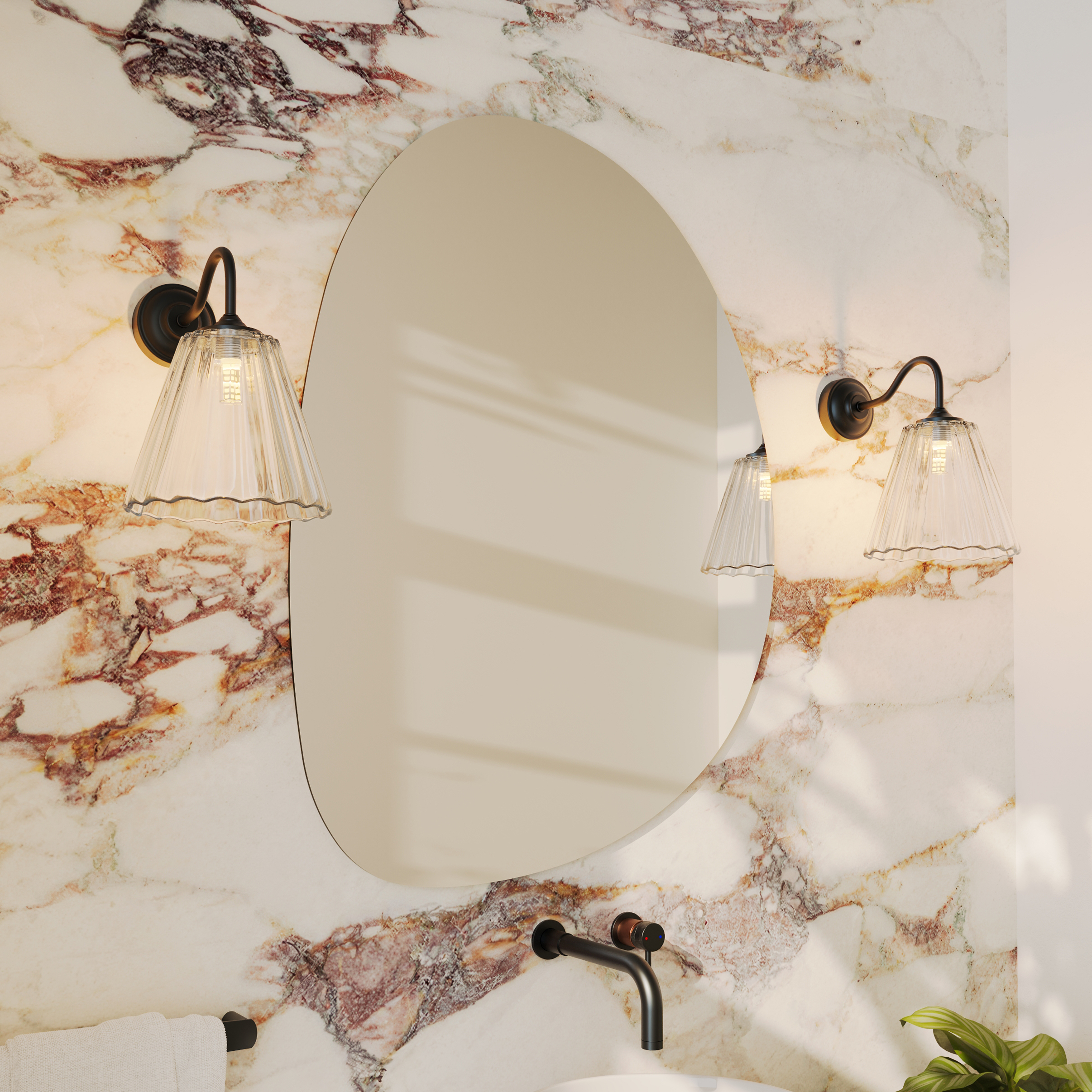 Organics Slim Mirror with Set Of 2 Fluted Glass Wall Shade Lights