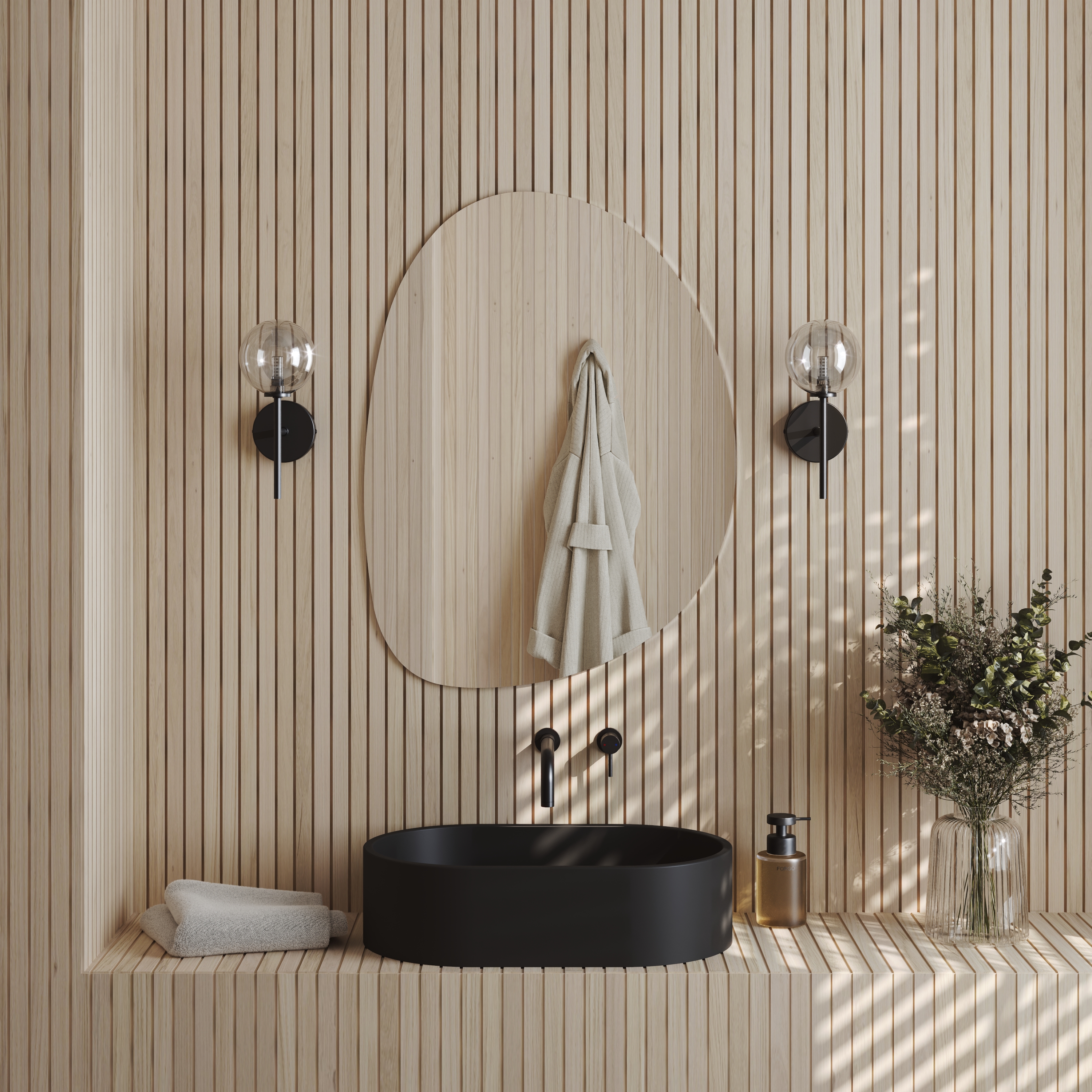 Organics Slim Mirror with Set Of 2 Glass Globe Wall Lights