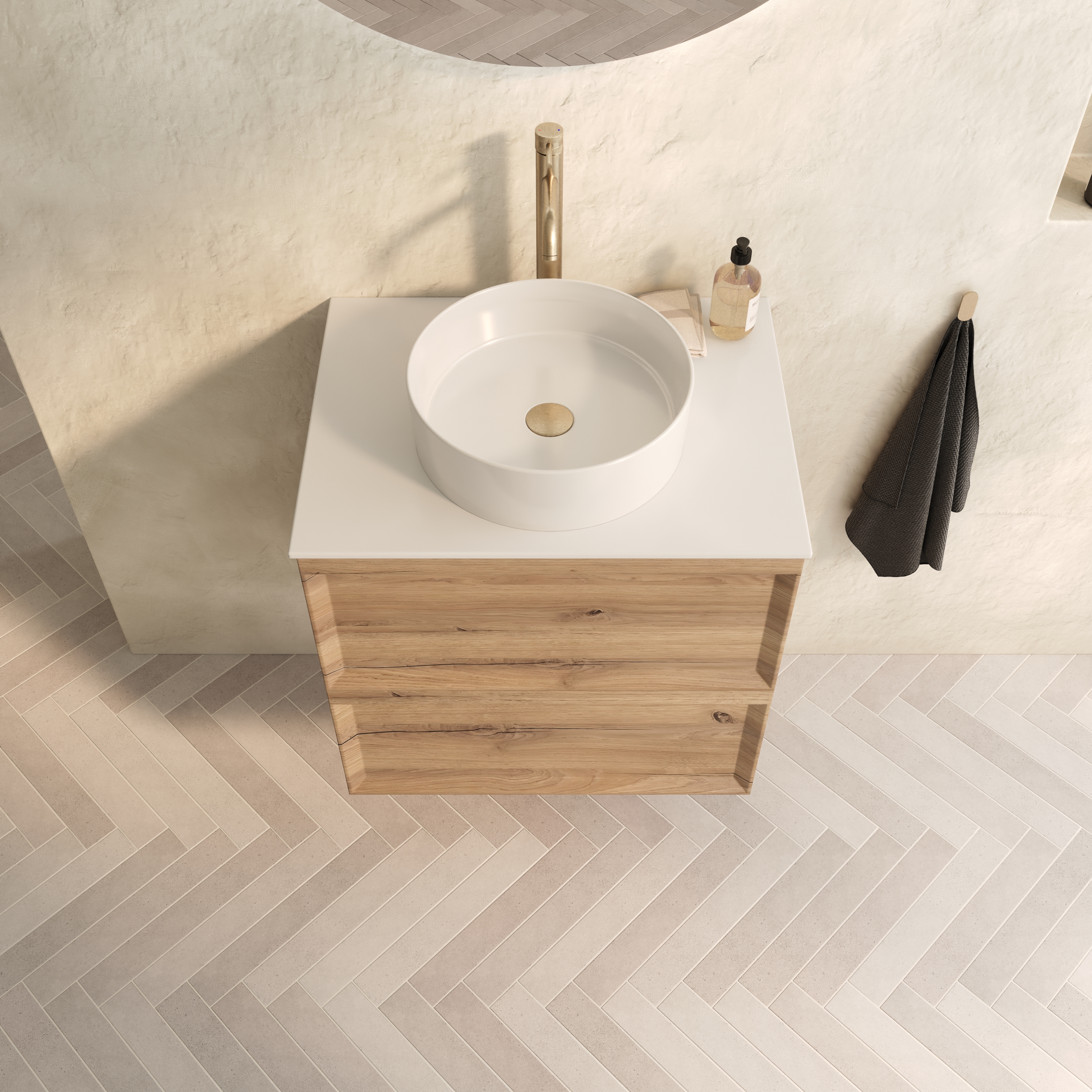 Aura 600mm Wall Mounted Natural Oak Vanity Unit & Sintered Stone Countertop