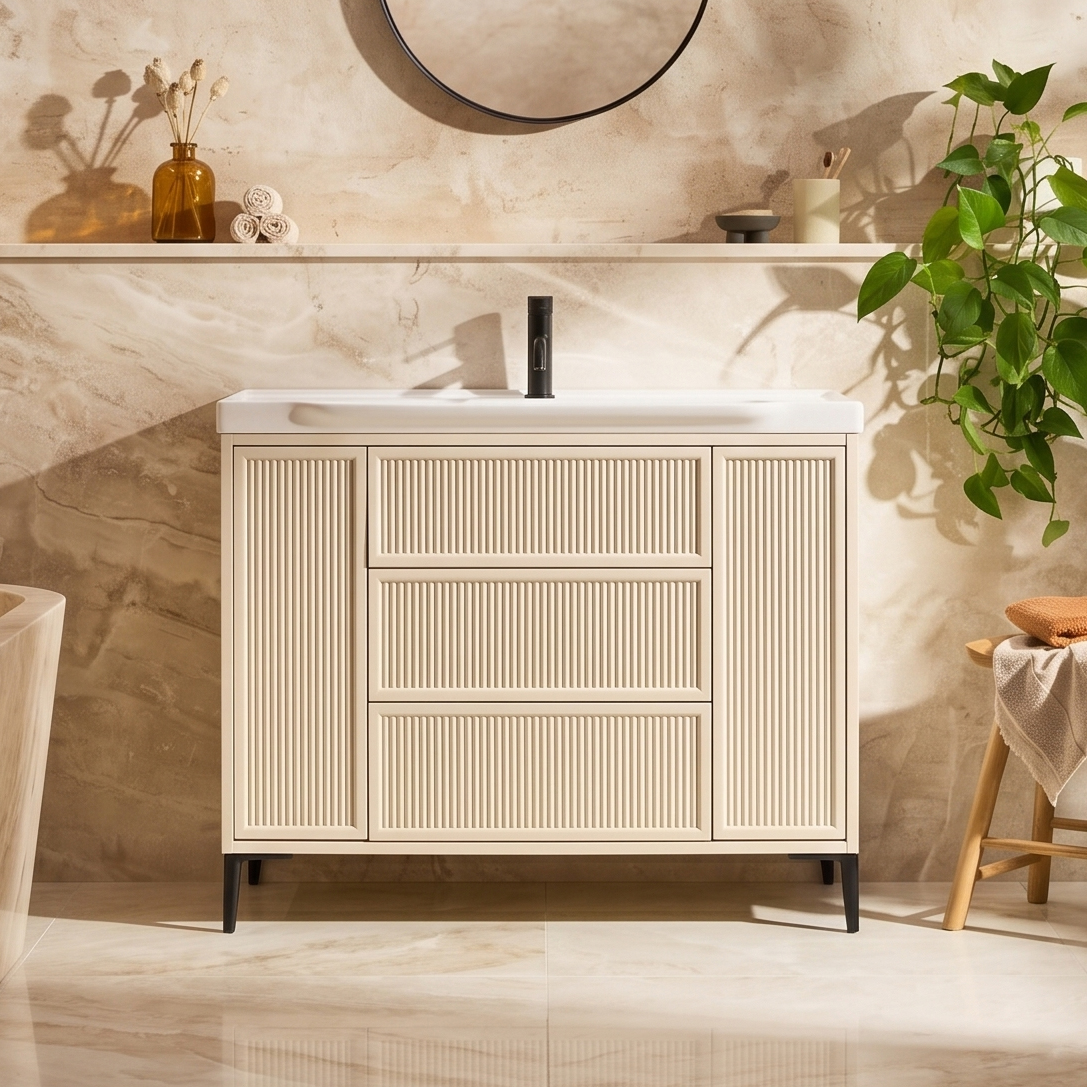 Elara 1000mm Floorstanding Stone Fluted Vanity Unit & Basin with Leg Set