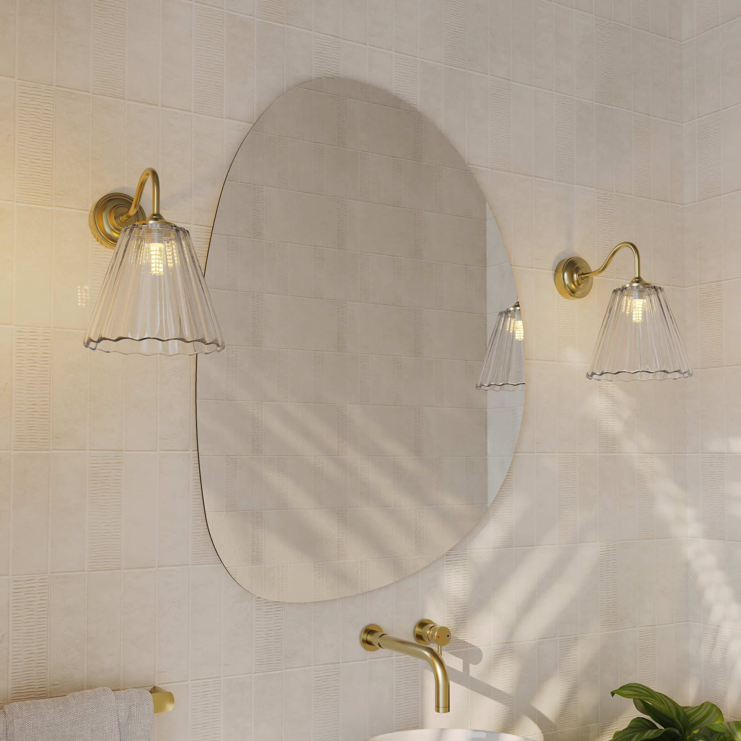 Organics Slim Mirror with Set Of 2 Fluted Glass Wall Shade Lights