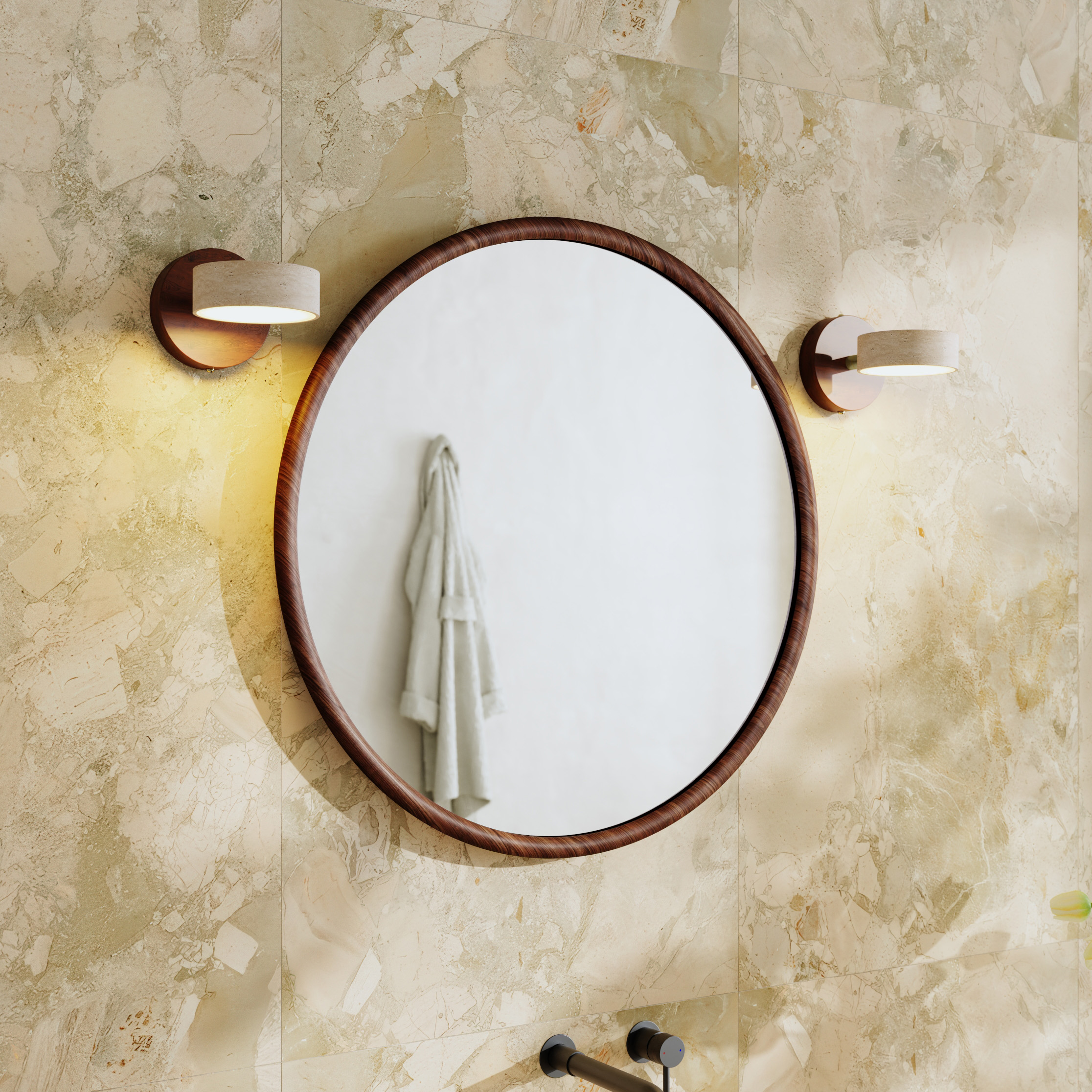 Alfie Wood Framed Mirror with Set Of 2 Stone Spot Lights in Dark Wood
