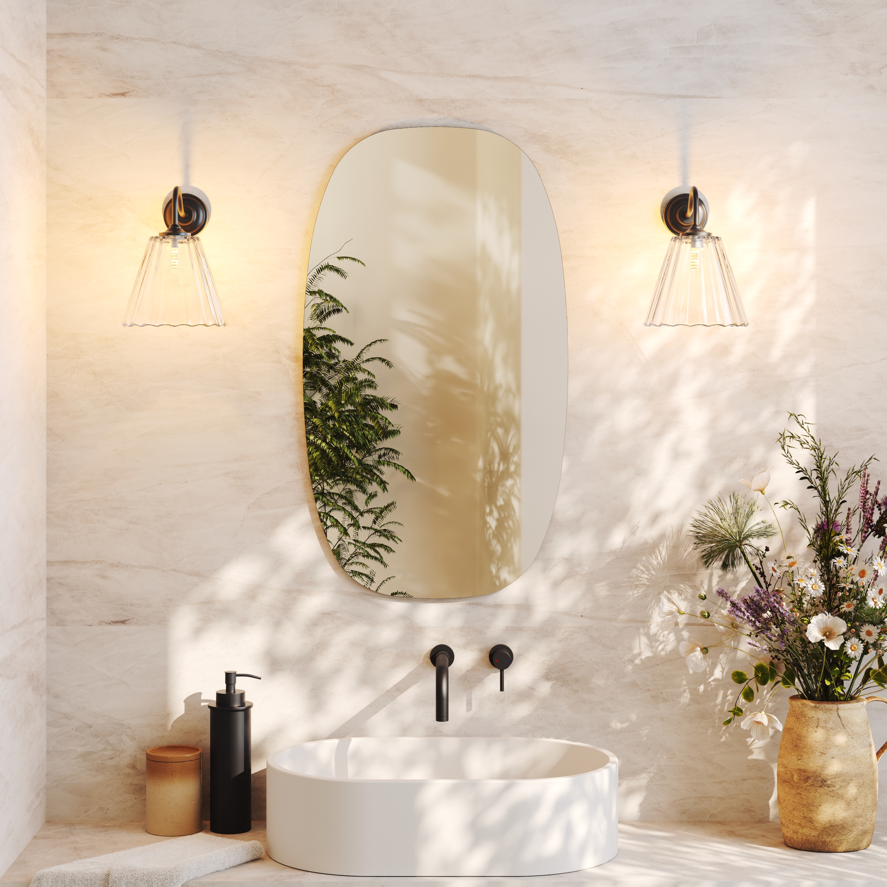 Arc Barrel Mirror with Set Of 2 Fluted Glass Wall Shade Lights