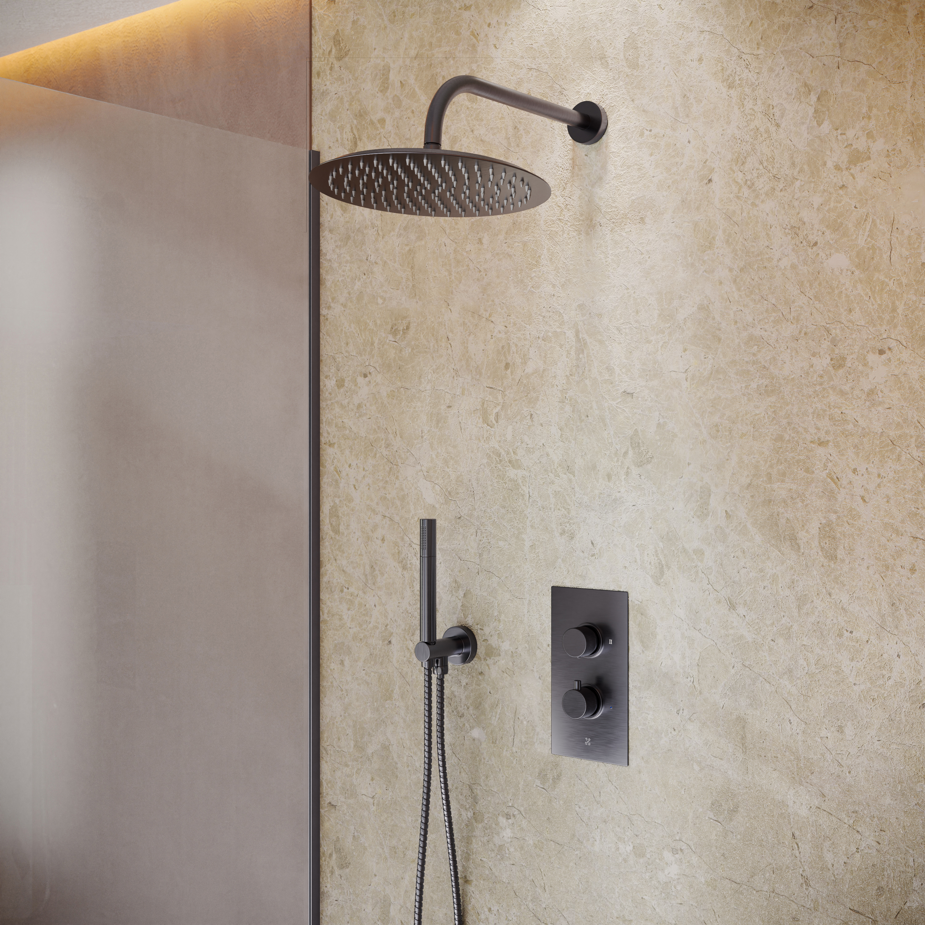 Core 2 Outlet Portrait Concealed Thermostatic Valve, Fixed Head & Shower Handset Kit