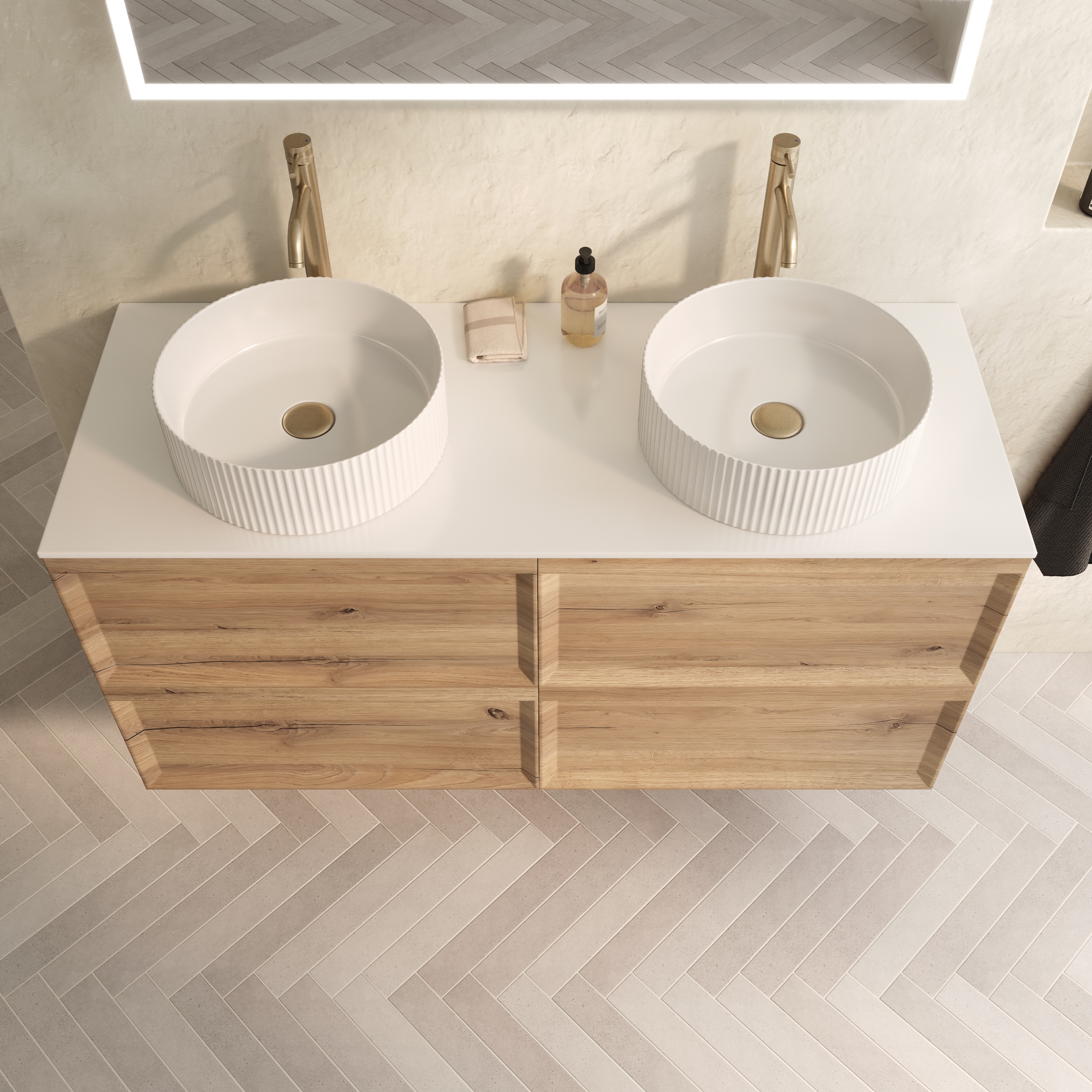 Aura 1200mm Wall Mounted Natural Oak Vanity Unit & Sintered Stone Countertop