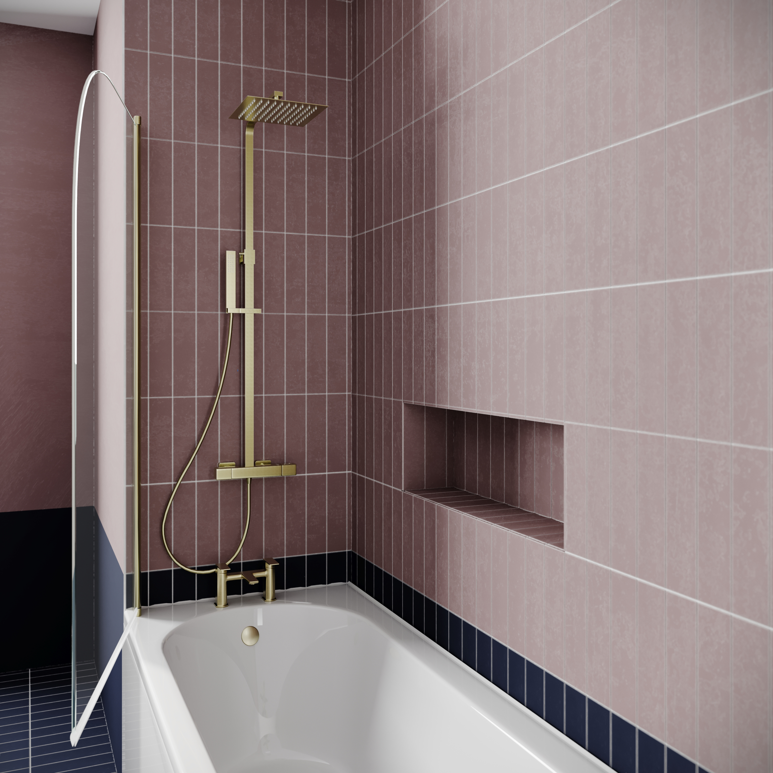 Drench J Shaped Shower Bath with Panel & Brushed Brass Shower Screen - 1700mm