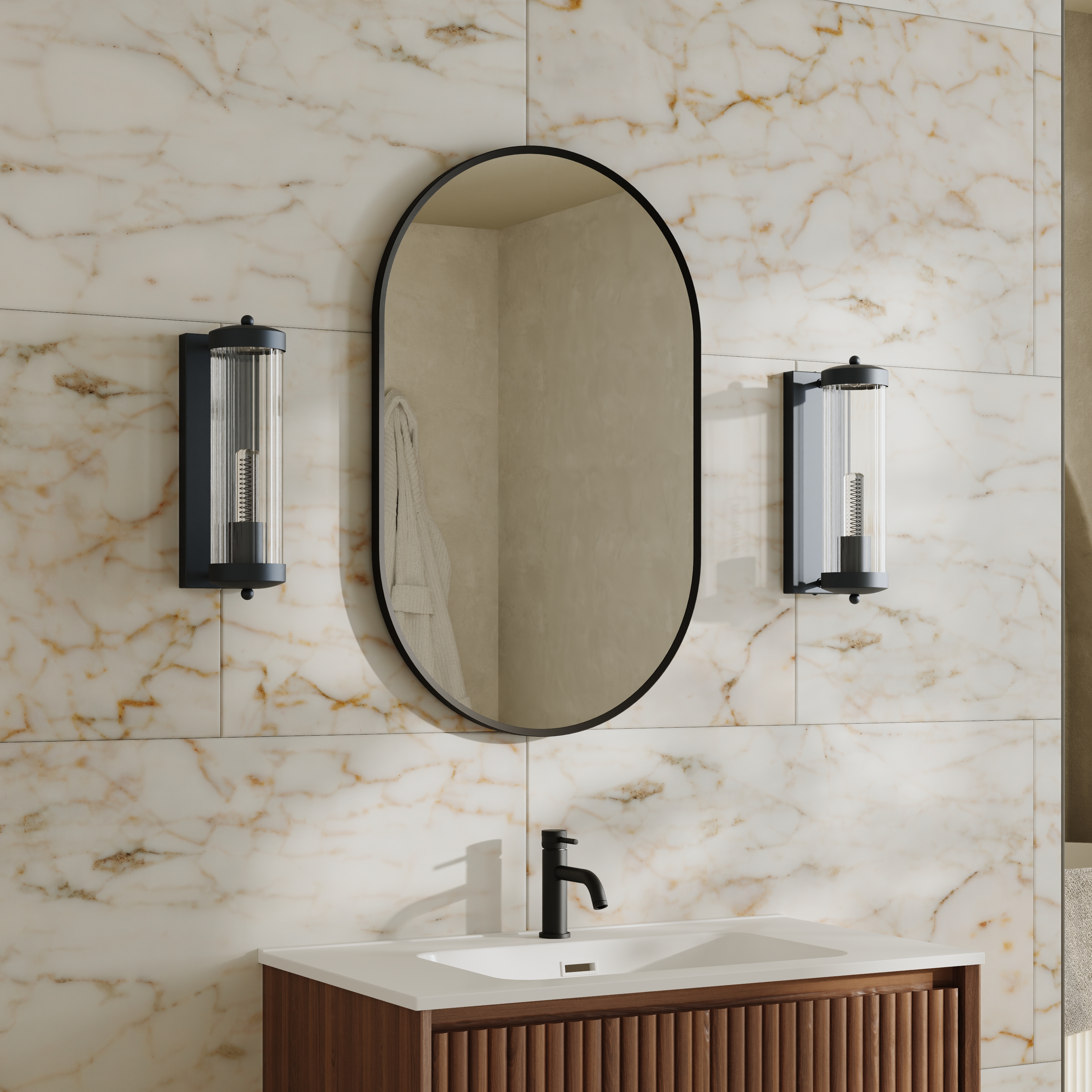 Billy Oval Framed Mirror with Set Of 2 Fluted Lantern Wall Lights in Matt Black