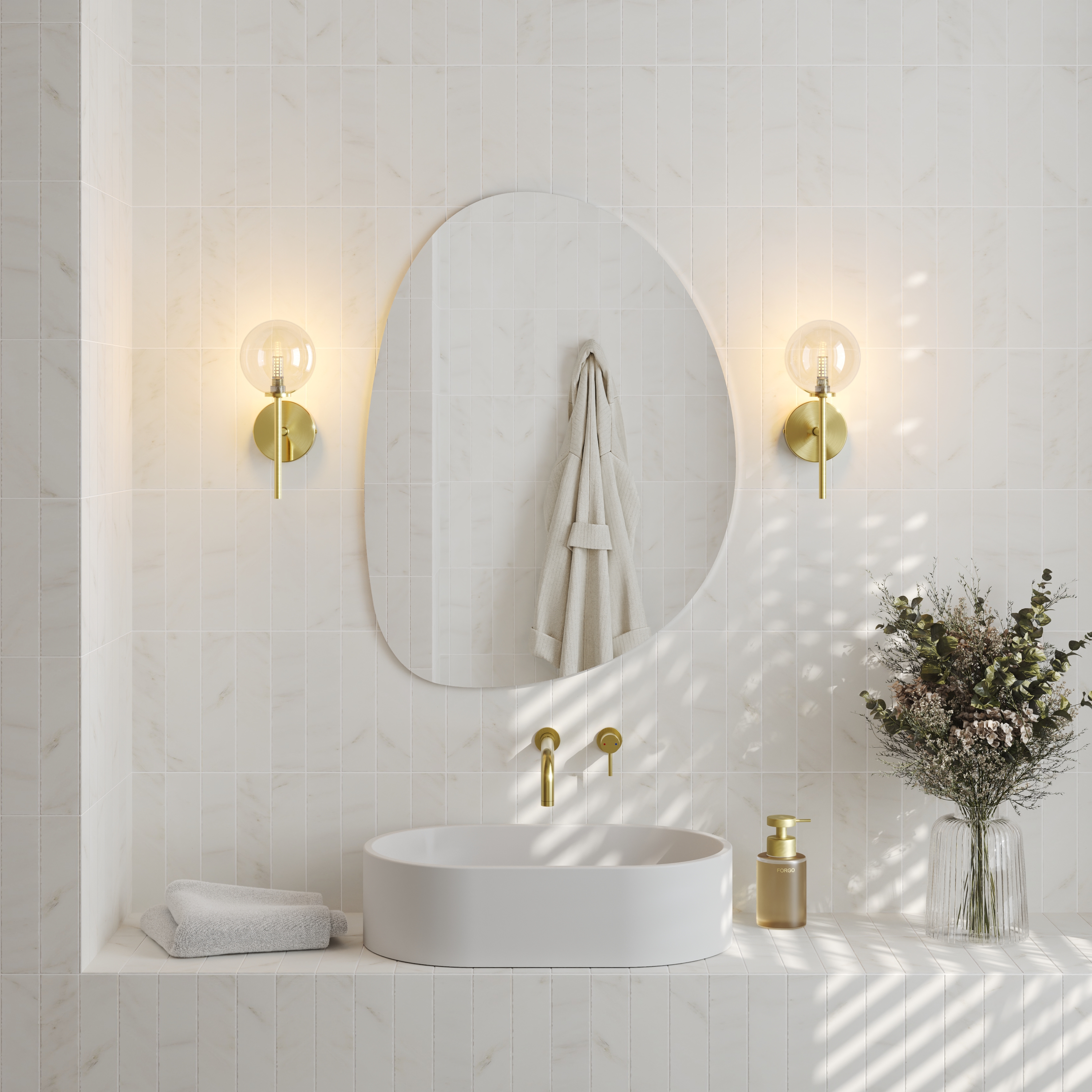 Organics Slim Mirror with Set Of 2 Glass Globe Wall Lights