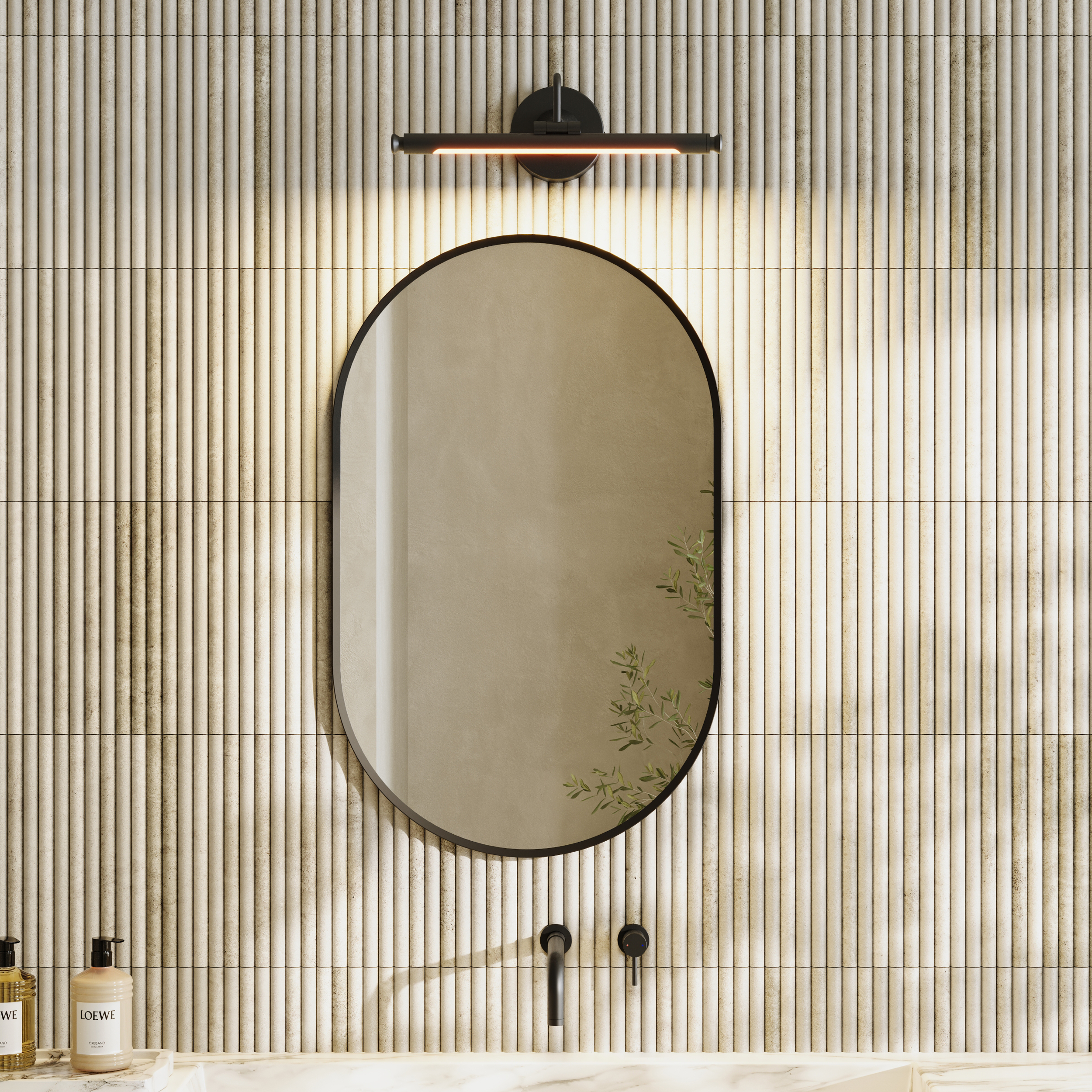 Billy Oval Framed Mirror with Small Picture Wall Light in Matt Black