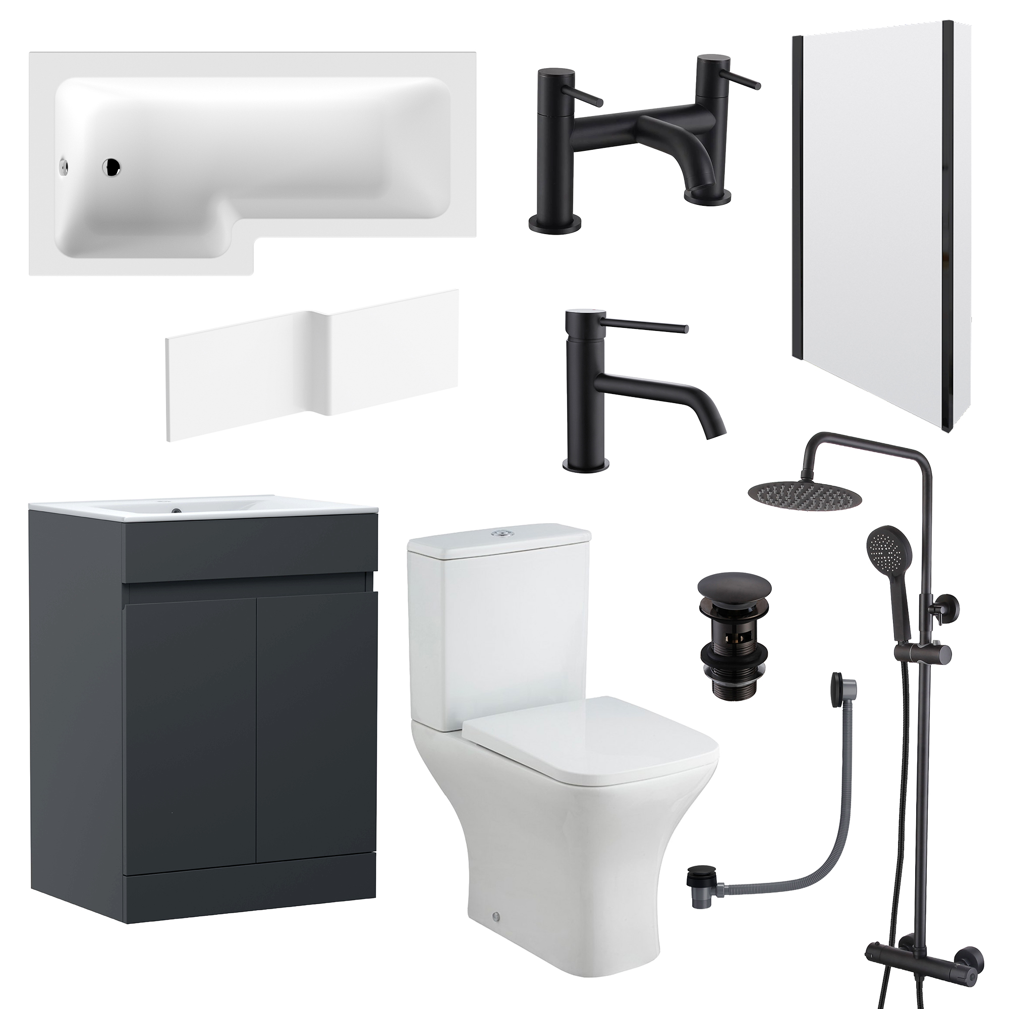 Dylan Complete Matt Black Bathroom Suite with 1700mm L Shaped Shower Bath & Rimless Toilet