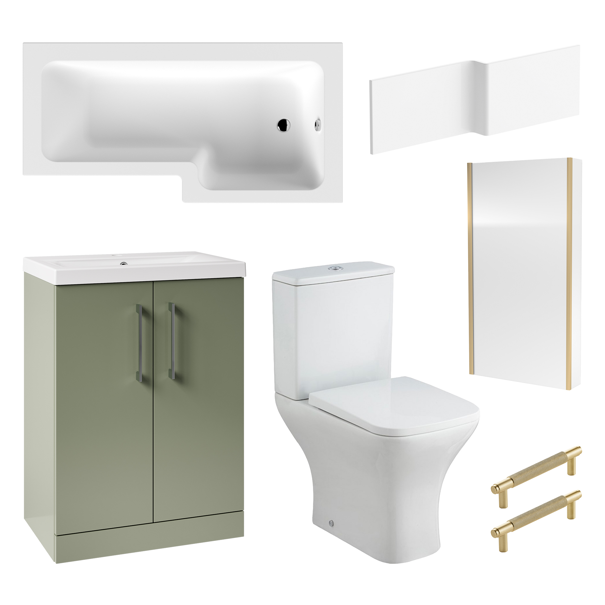 Erin Brushed Brass Shower Bath Suite with 1700mm L Shaped Bath & Rimless Toilet