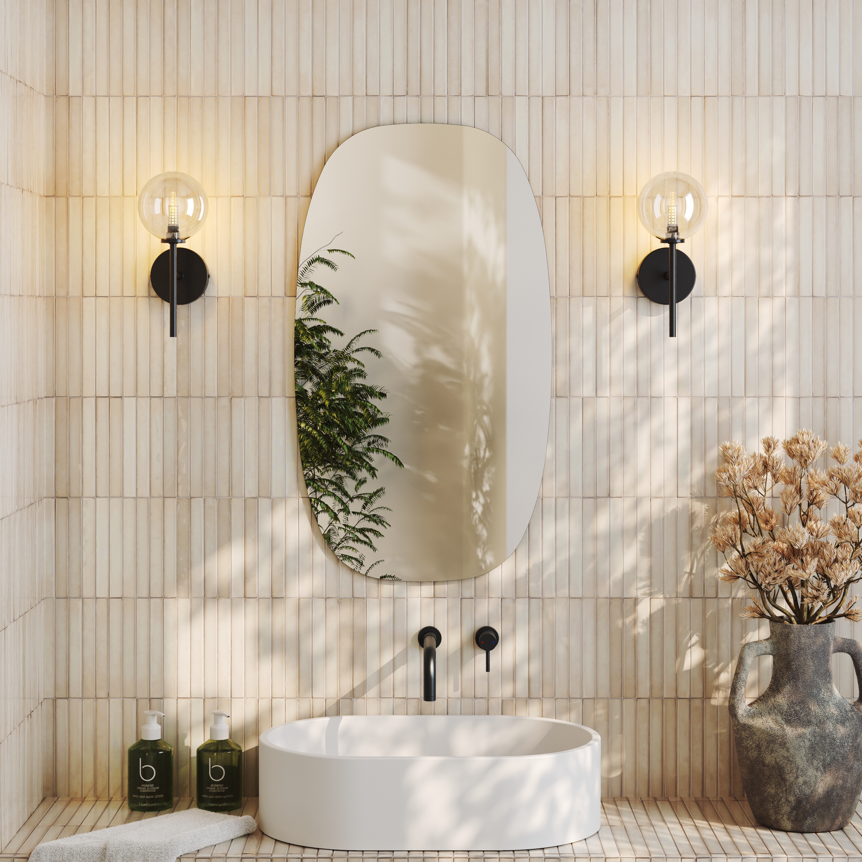Arc Barrel Mirror with Set Of 2 Glass Globe Wall Lights