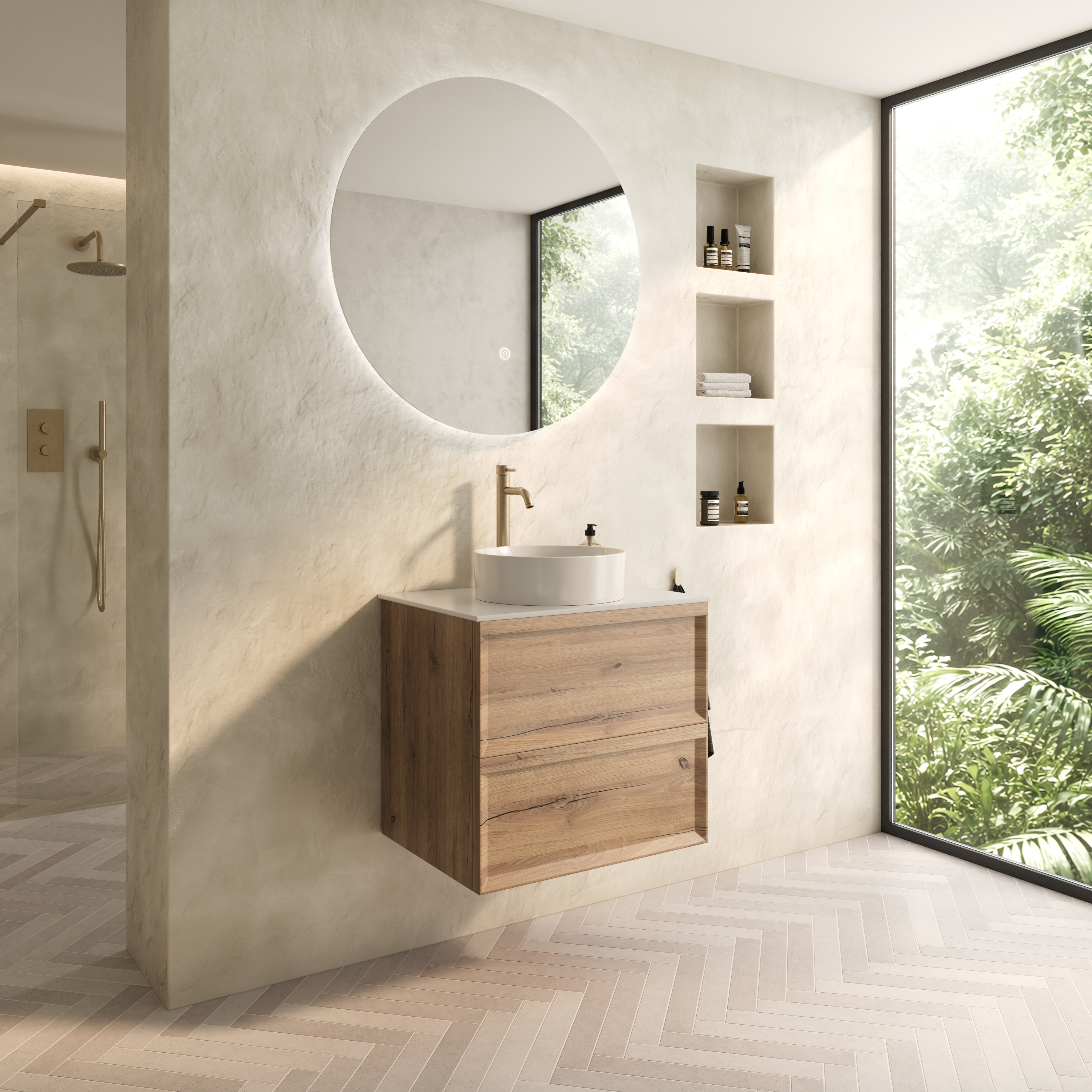 Aura 600mm Wall Mounted Natural Oak Vanity Unit & Sintered Stone Countertop