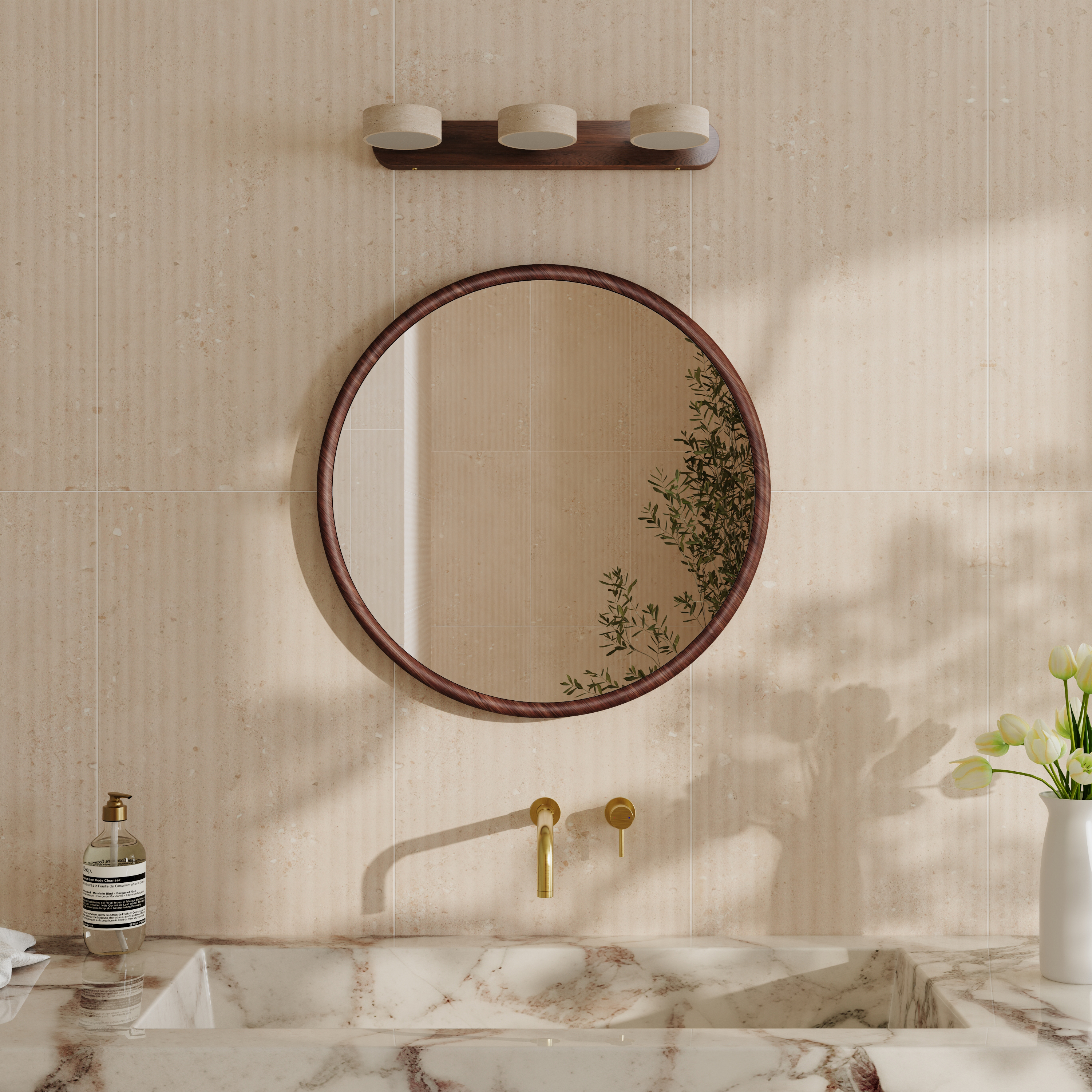 Alfie Wood Framed Mirror with Trio Stone Wall Light in Dark Wood