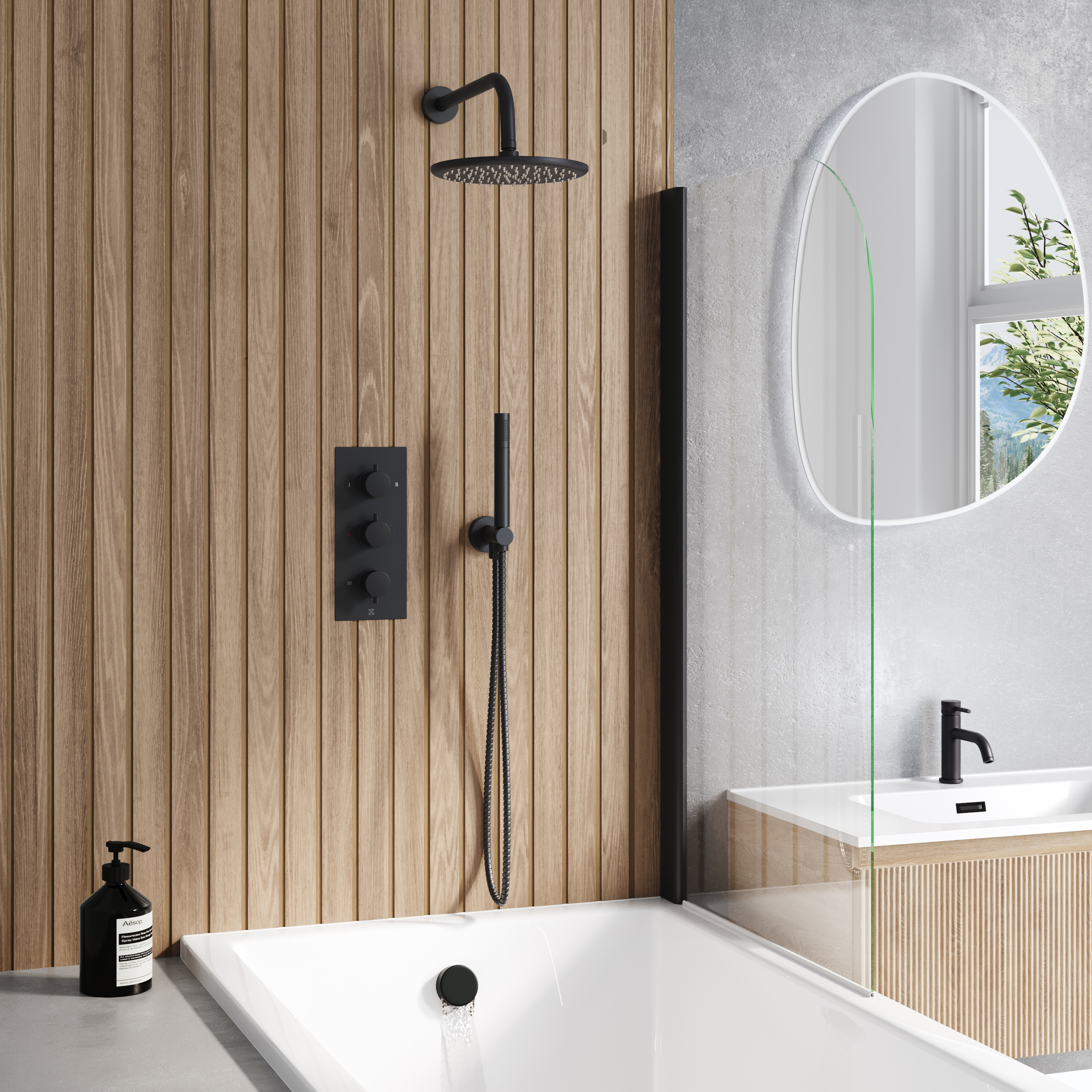 Core Shower Package with 3 Outlet Portrait Valve, Fixed Shower Head, Kit & Overflow Bath Filler