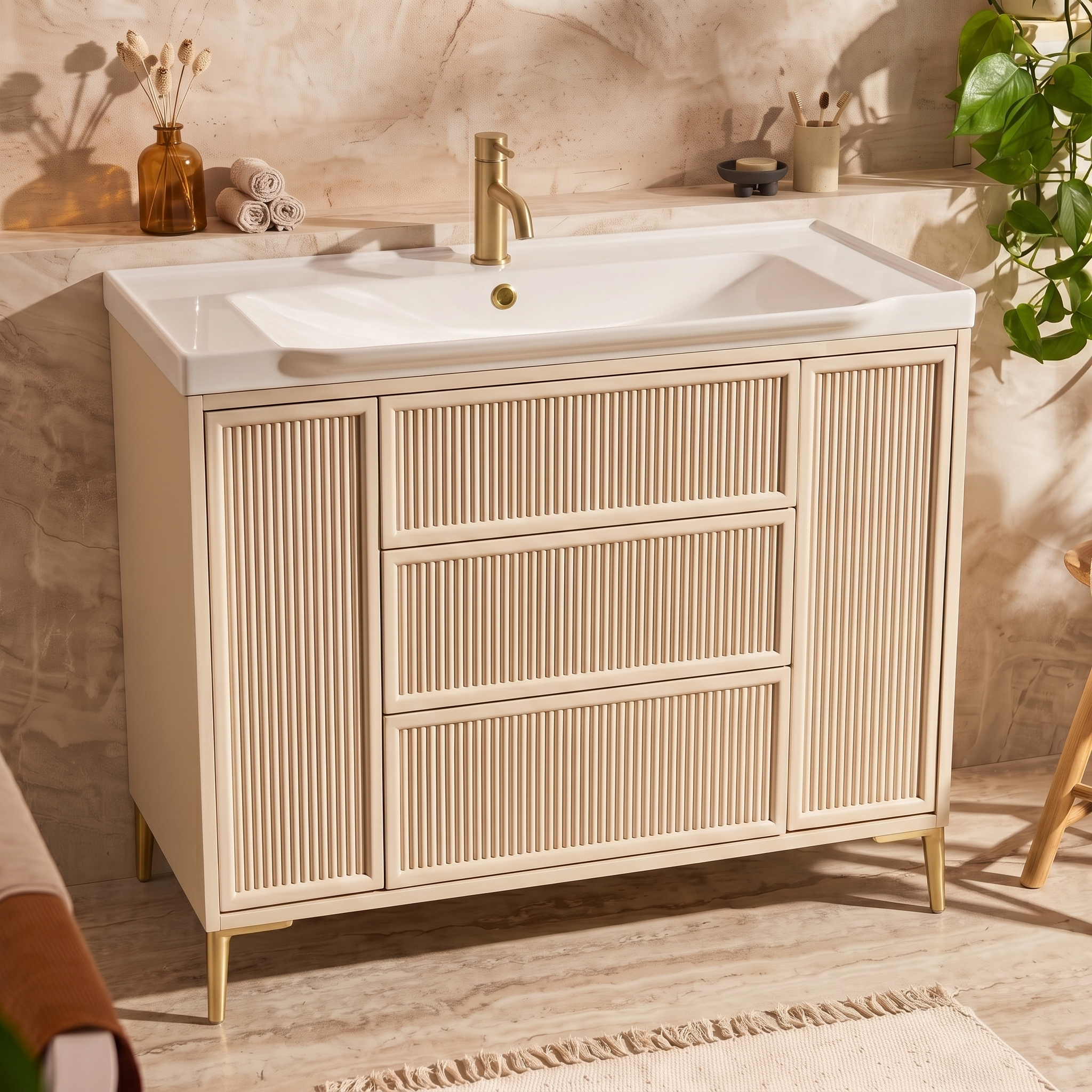 Elara 1000mm Floorstanding Stone Fluted Vanity Unit & Basin with Leg Set
